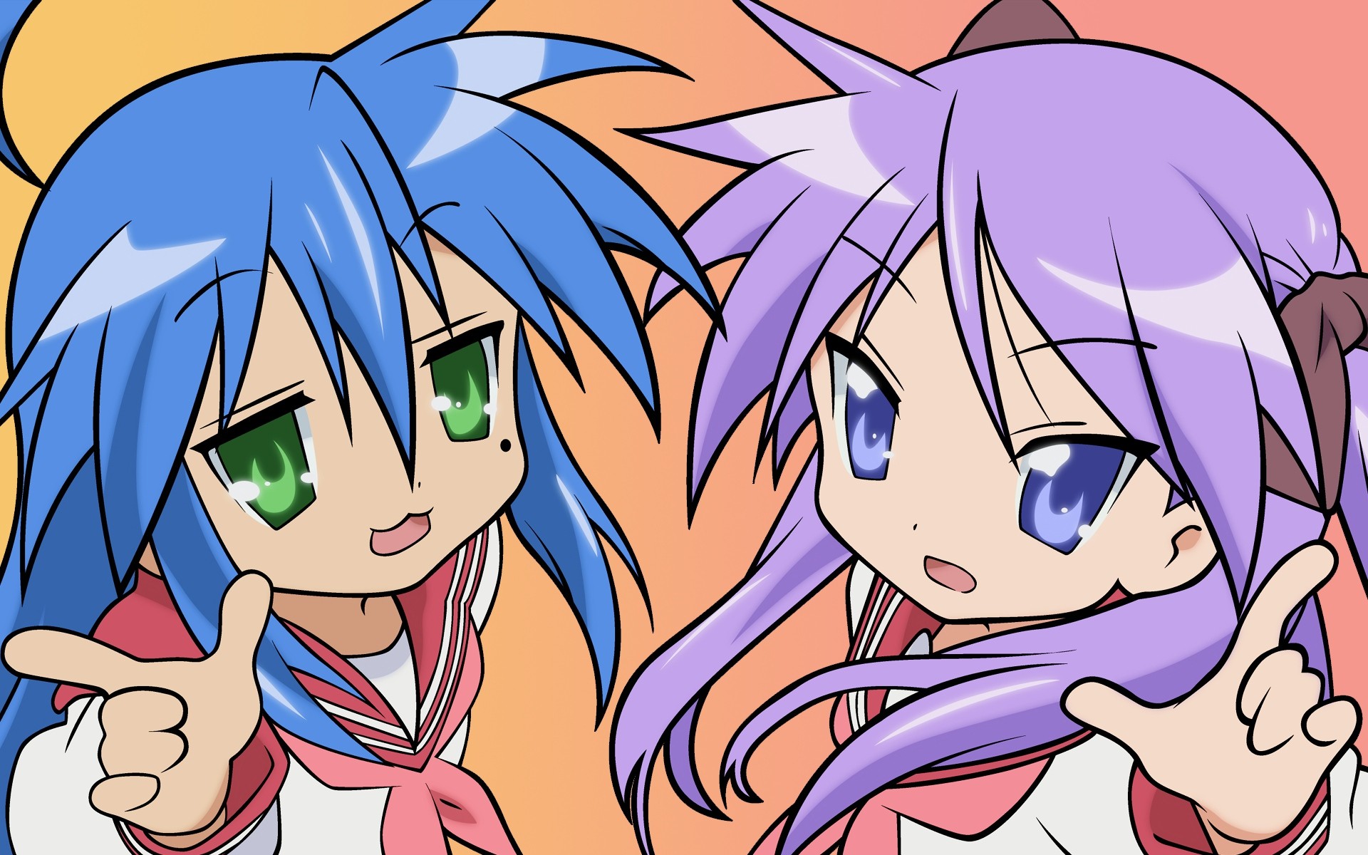 Anime 1920x1200 anime anime girls Lucky Star two women blue hair purple hair blue eyes green eyes