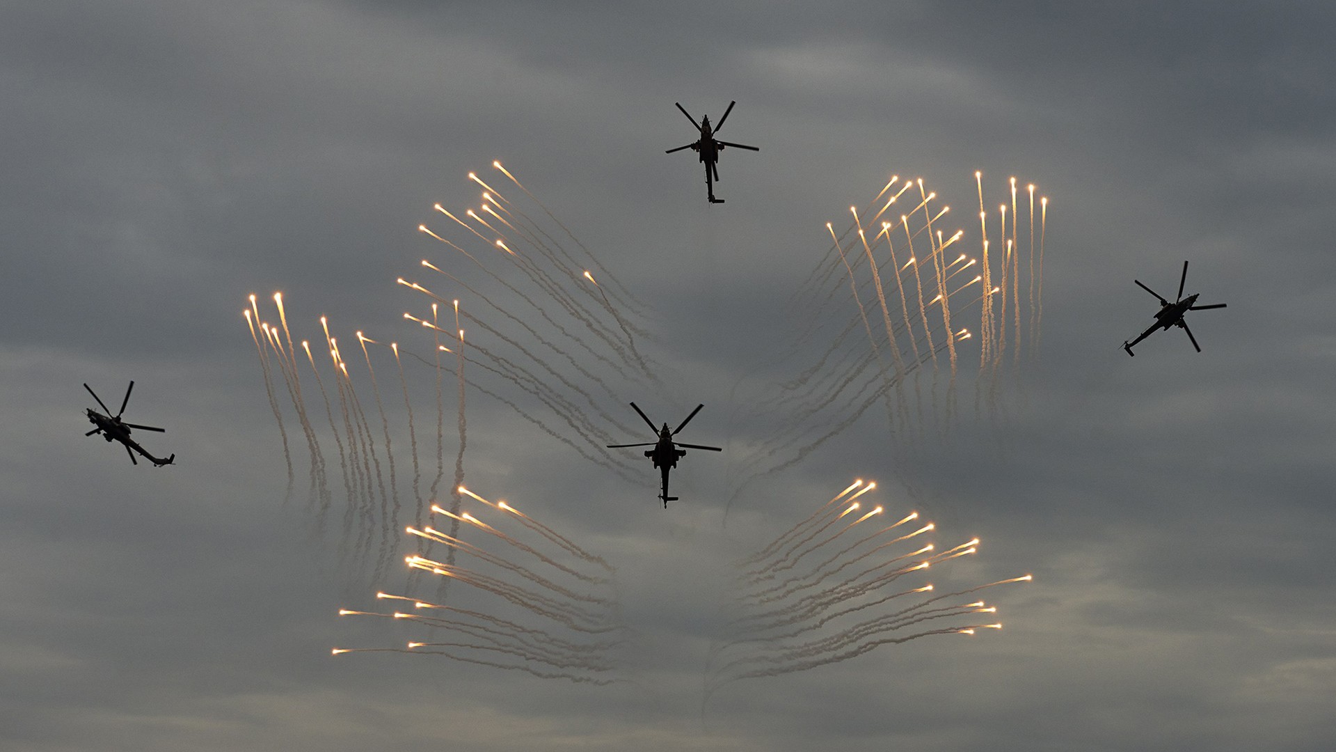 General 1920x1080 Berkuts helicopters Mil Mi-28 military aircraft aircraft military vehicle military vehicle attack helicopters flares Formation Russian Air Force aerobatic team