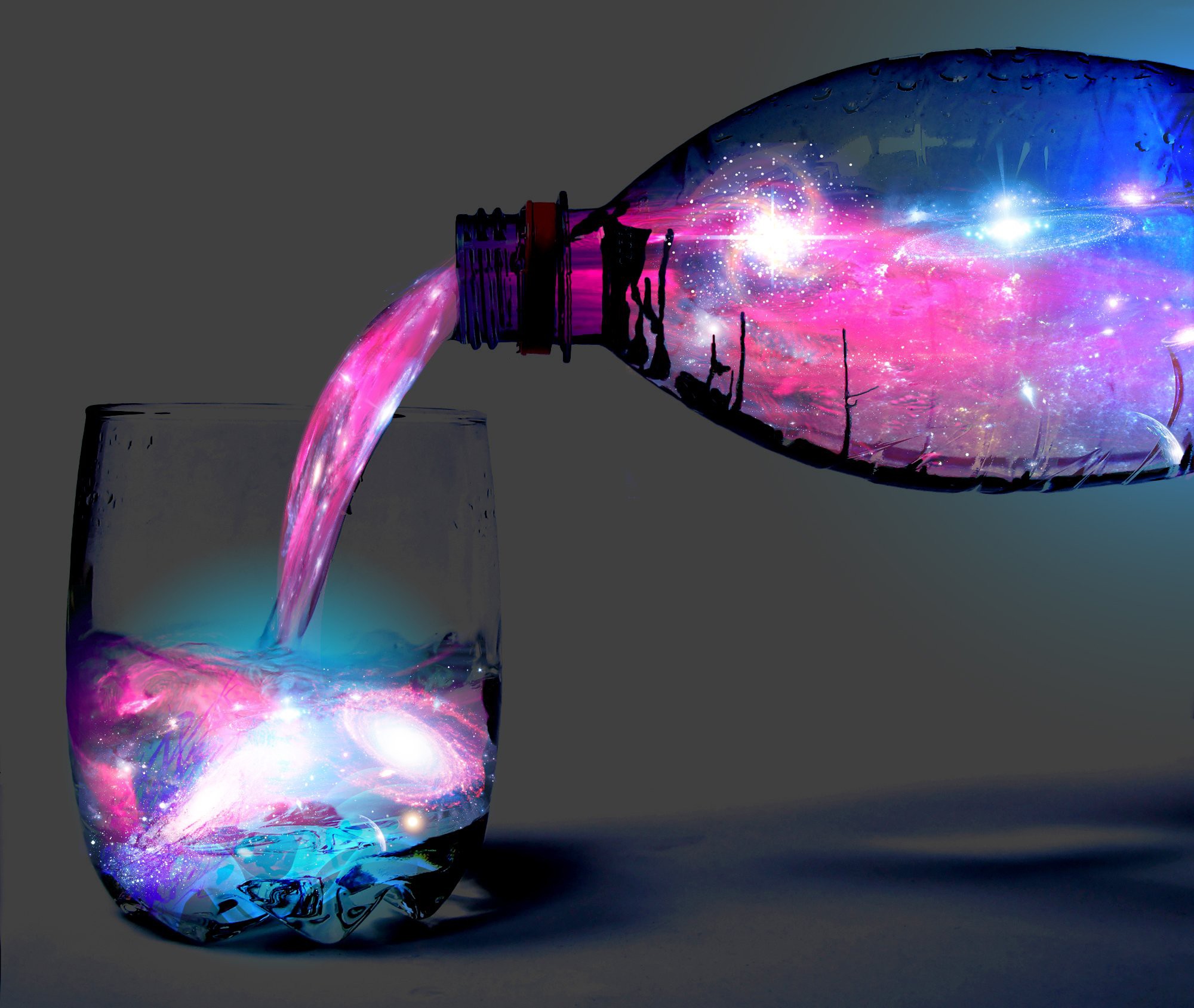 General 2000x1690 bottles glass galaxy digital art liquid space art artwork colorful gray background simple background