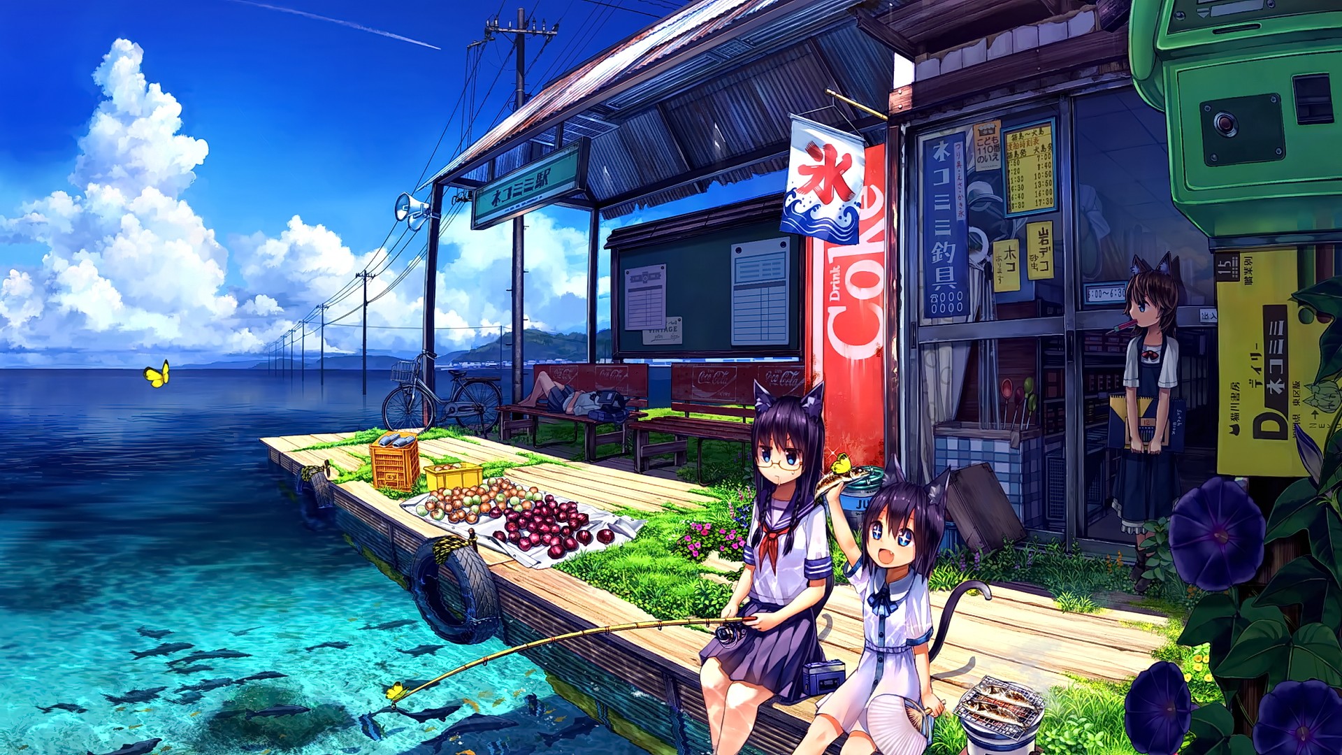 Anime 1920x1080 anime anime girls brunette blue eyes sitting animal ears looking away animals fish fishing glasses butterfly flowers sky water clouds mountains bicycle