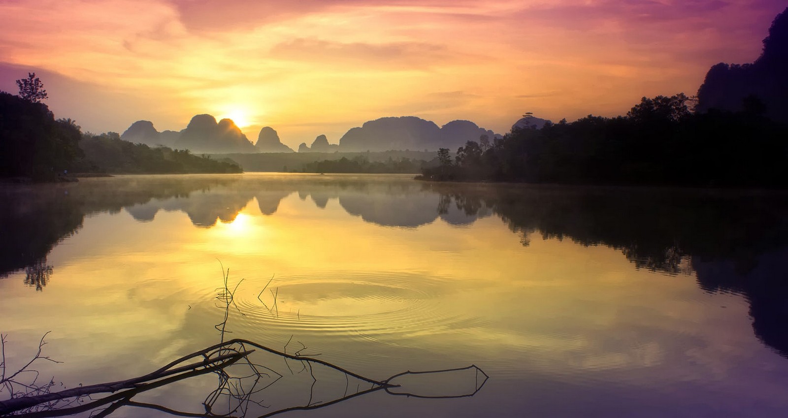 General 1600x849 photography landscape nature lake morning sunlight calm reflection hills sky clouds trees Thailand Asia