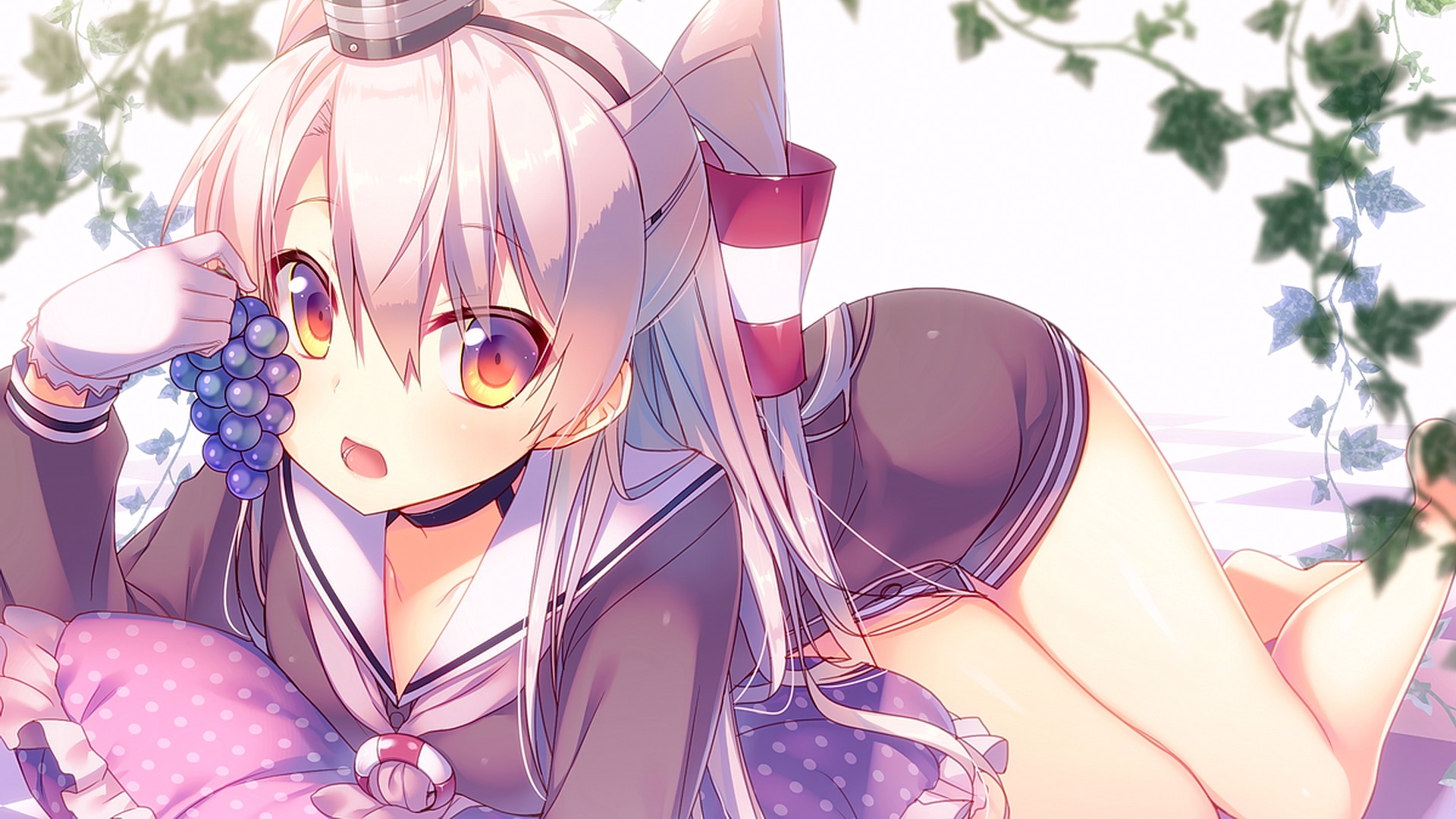 Anime 1920x1080 anime anime girls white background long hair blonde Amatsukaze (Kancolle) Kantai Collection food fruit grapes open mouth legs together looking at viewer