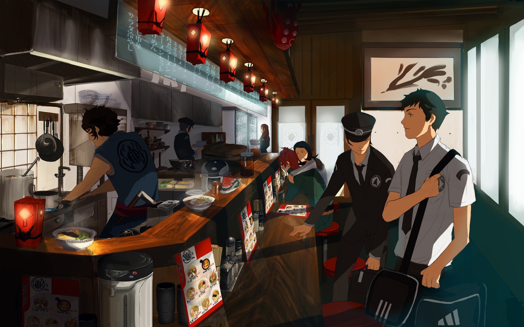 Anime 1700x1062 anime boys tie restaurant diner artwork indoors anime