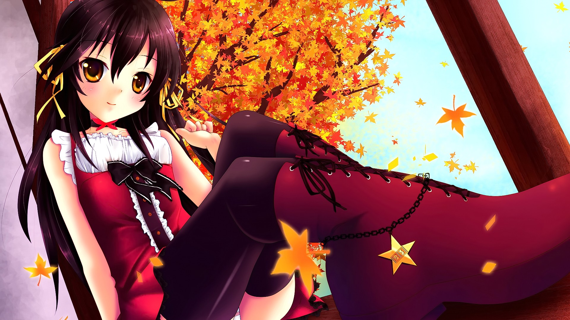 Anime 1920x1080 anime anime girls brunette long hair yellow eyes smiling looking at viewer hair ornament stockings legs trees