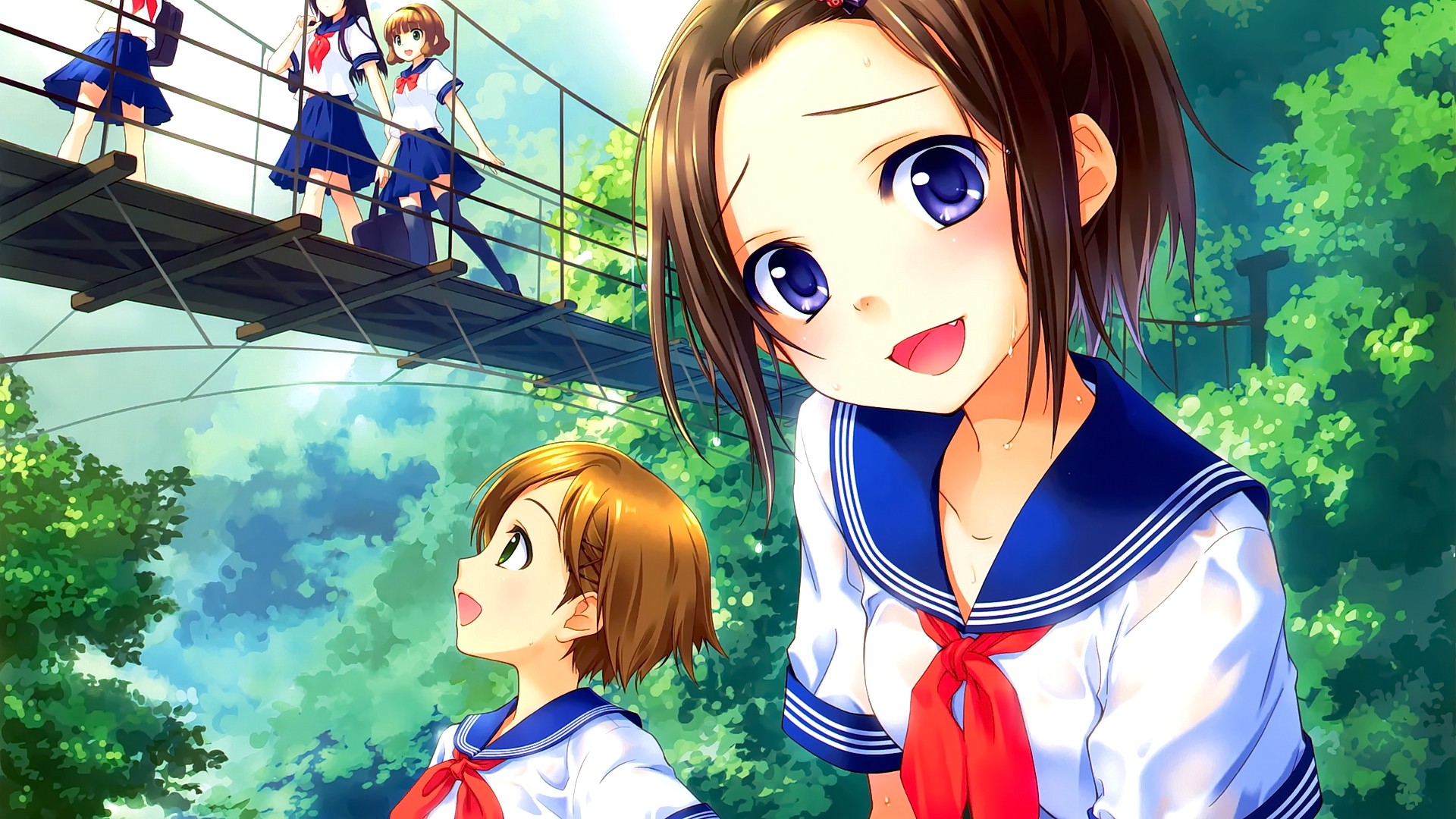 Anime 1920x1080 anime anime girls brunette blue eyes short hair school uniform open mouth smiling looking away looking at viewer forest bridge original characters group of women women outdoors