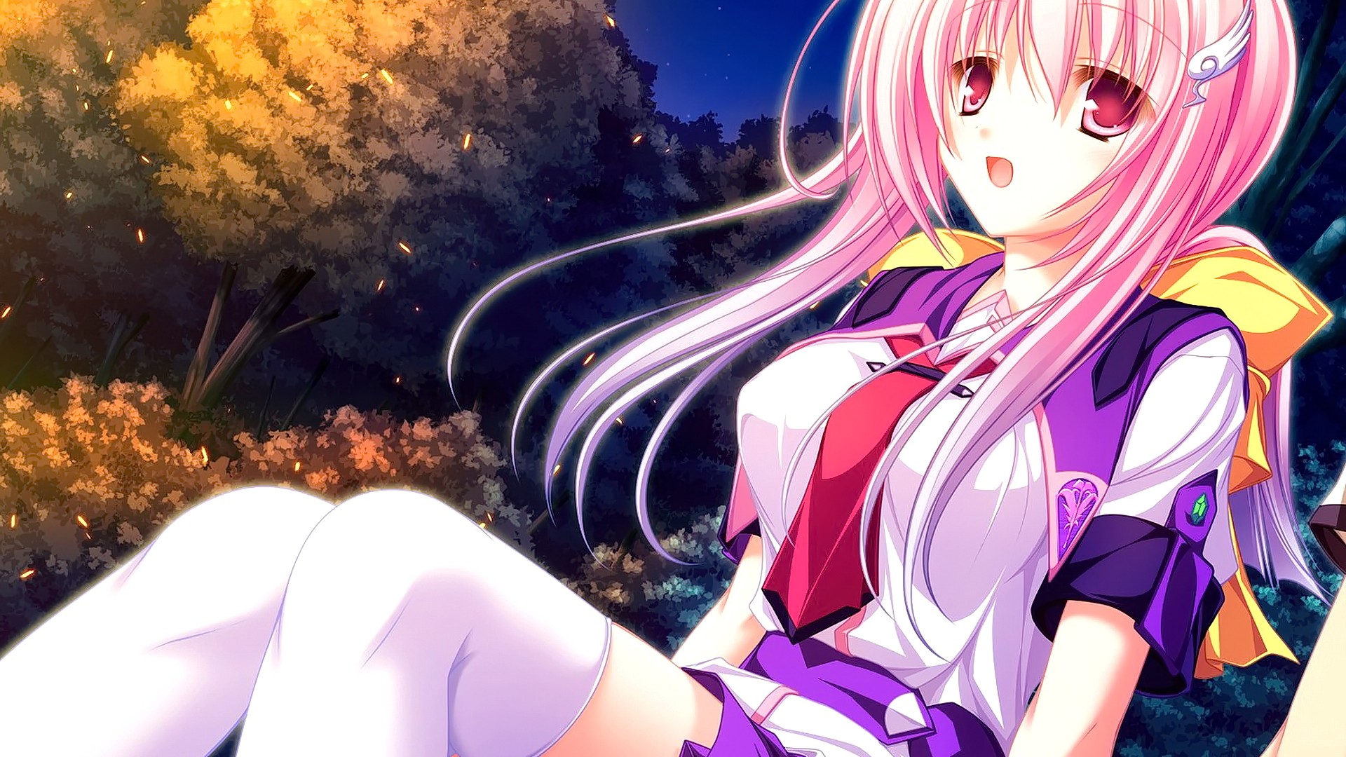 Anime 1920x1080 anime girls anime pink hair red eyes long hair school uniform 77 (Visual Novel) Tsuneha Miki tie open mouth stockings knees together women outdoors