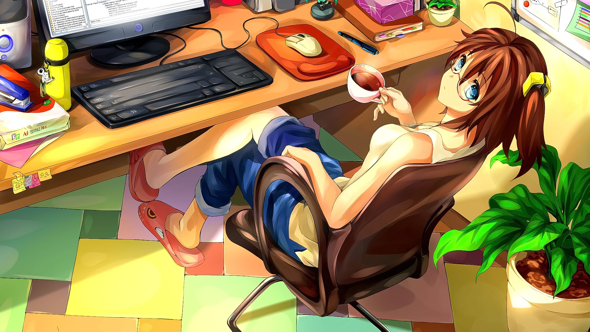 Anime 1920x1080 anime anime girls brunette blue eyes glasses sitting looking at viewer original characters cup computer mice pens desk long hair monitor women indoors chair tea legs crossed office tacker (tools) indoors women books