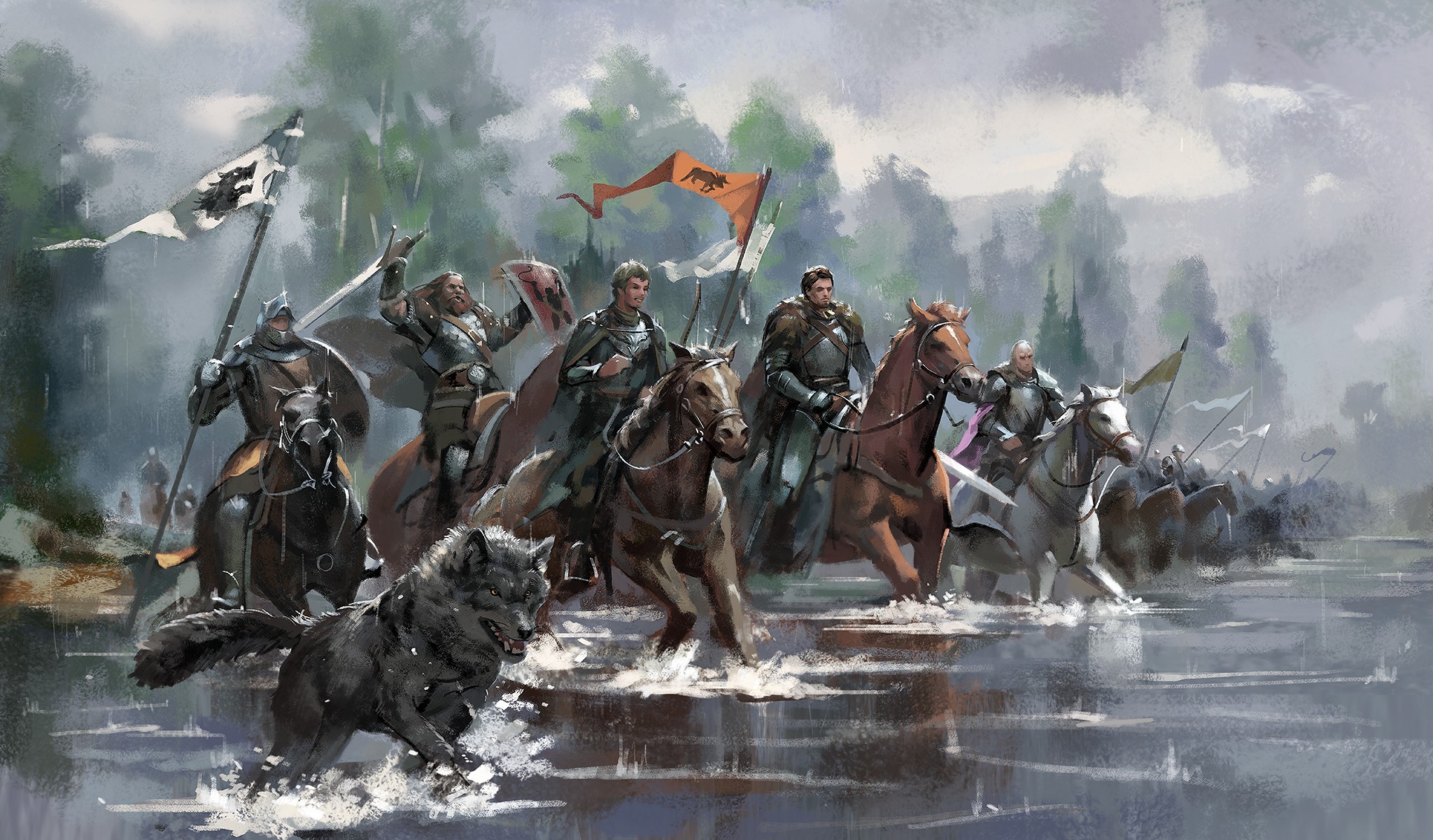 General 2048x1201 artwork fantasy art Game of Thrones TV series digital art horseback horse water flag shield armor sword wolf animals army men