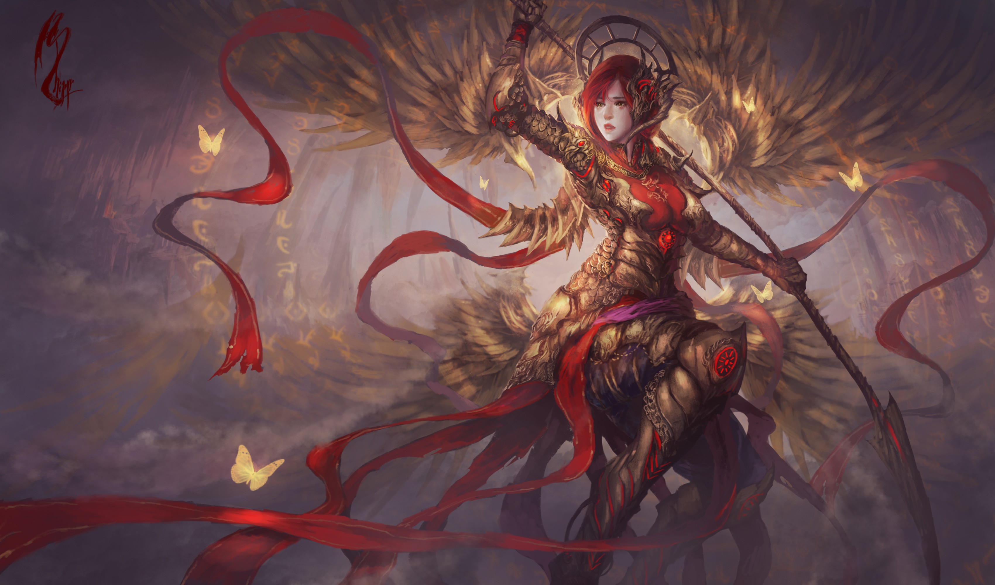 General 3400x2000 fantasy art fantasy girl warrior redhead butterfly DeviantArt women armor fantasy armor
