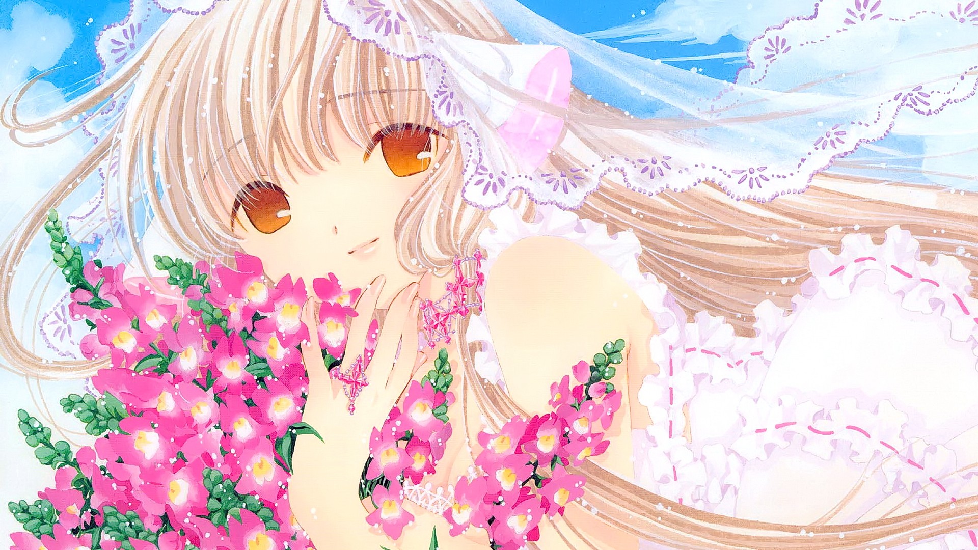 Anime 1920x1080 anime anime girls blonde long hair smiling flowers looking at viewer Chobits Chii face plants