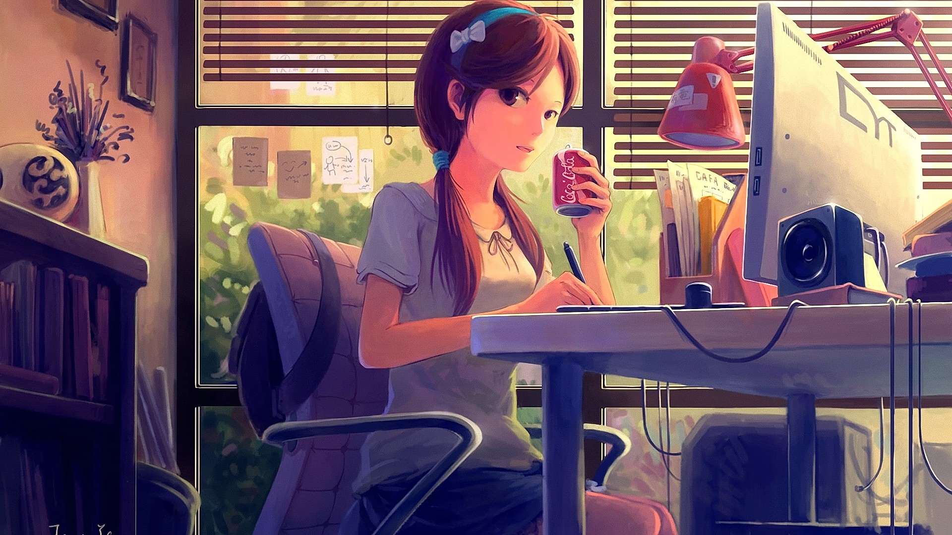 Anime 1920x1080 anime anime girls brunette looking at viewer original characters tyc001x can lamp monitor parted lips long hair sitting desk Coca-Cola brand food