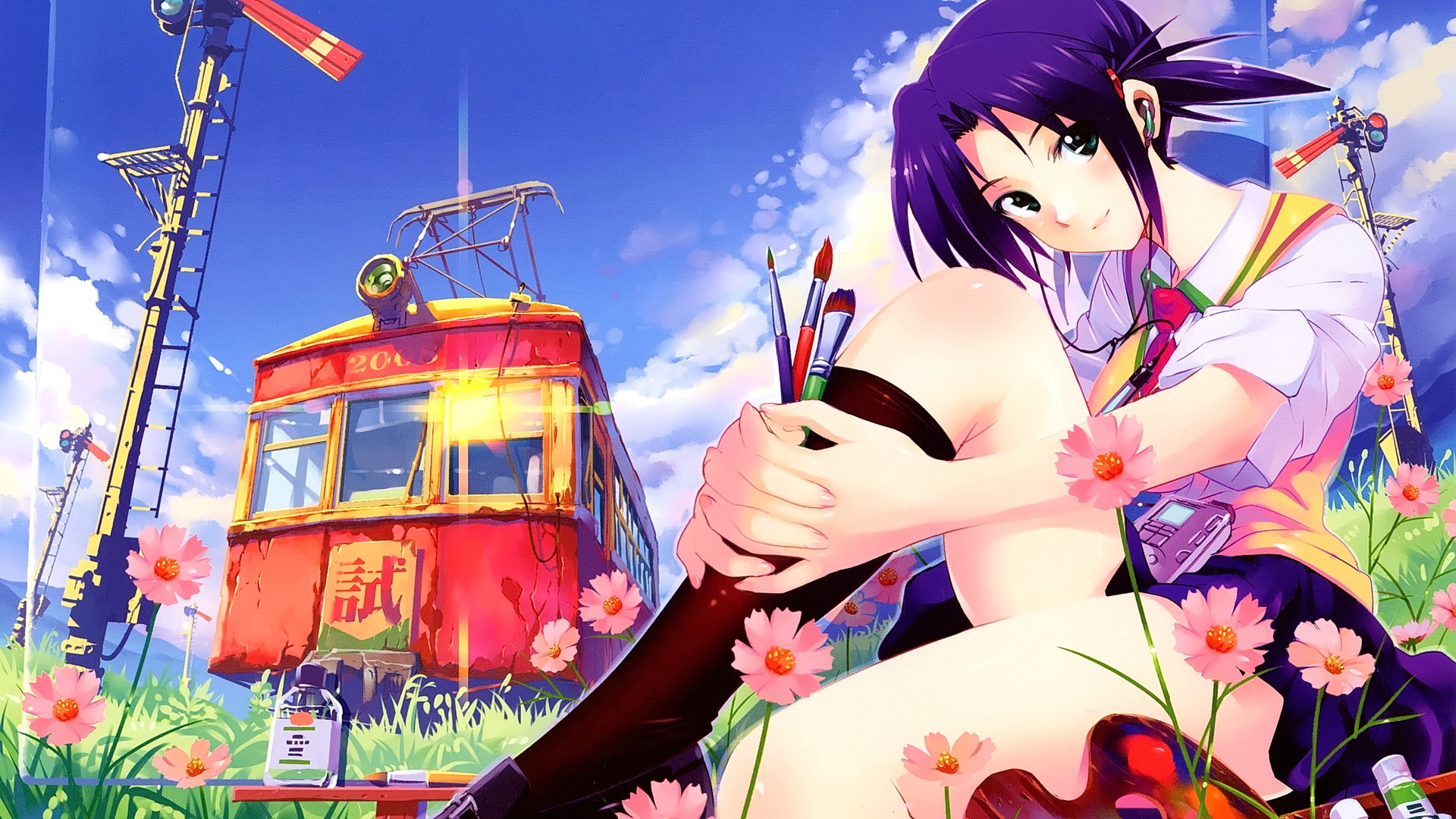 Anime 1920x1080 anime girls anime short hair green eyes flowers sky clouds sitting looking at viewer original characters train thighs vehicle purple hair paint brushes women outdoors plants
