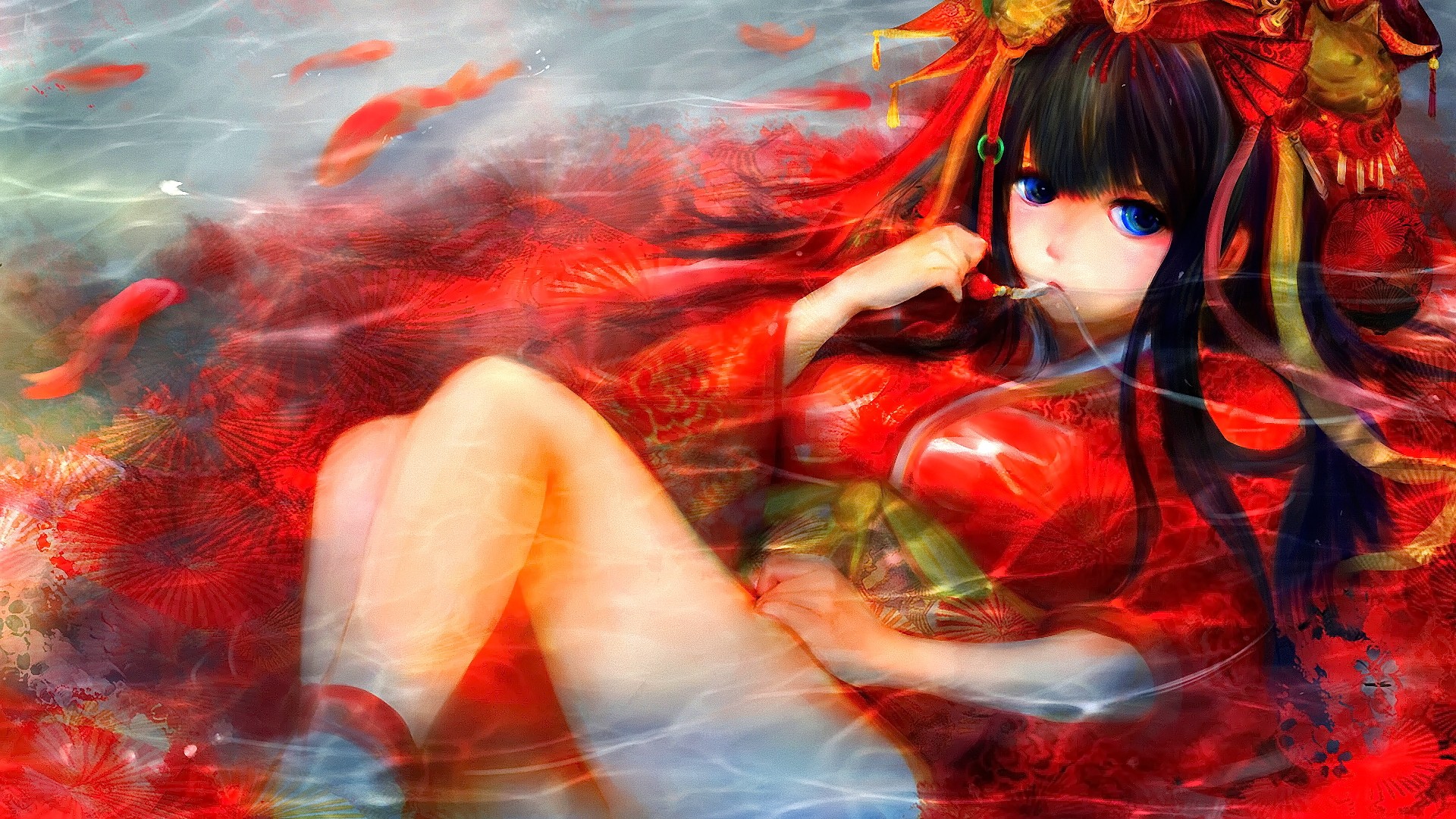 Anime 1920x1080 anime anime girls brunette blue eyes long hair Japanese clothes kimono looking at viewer thighs
