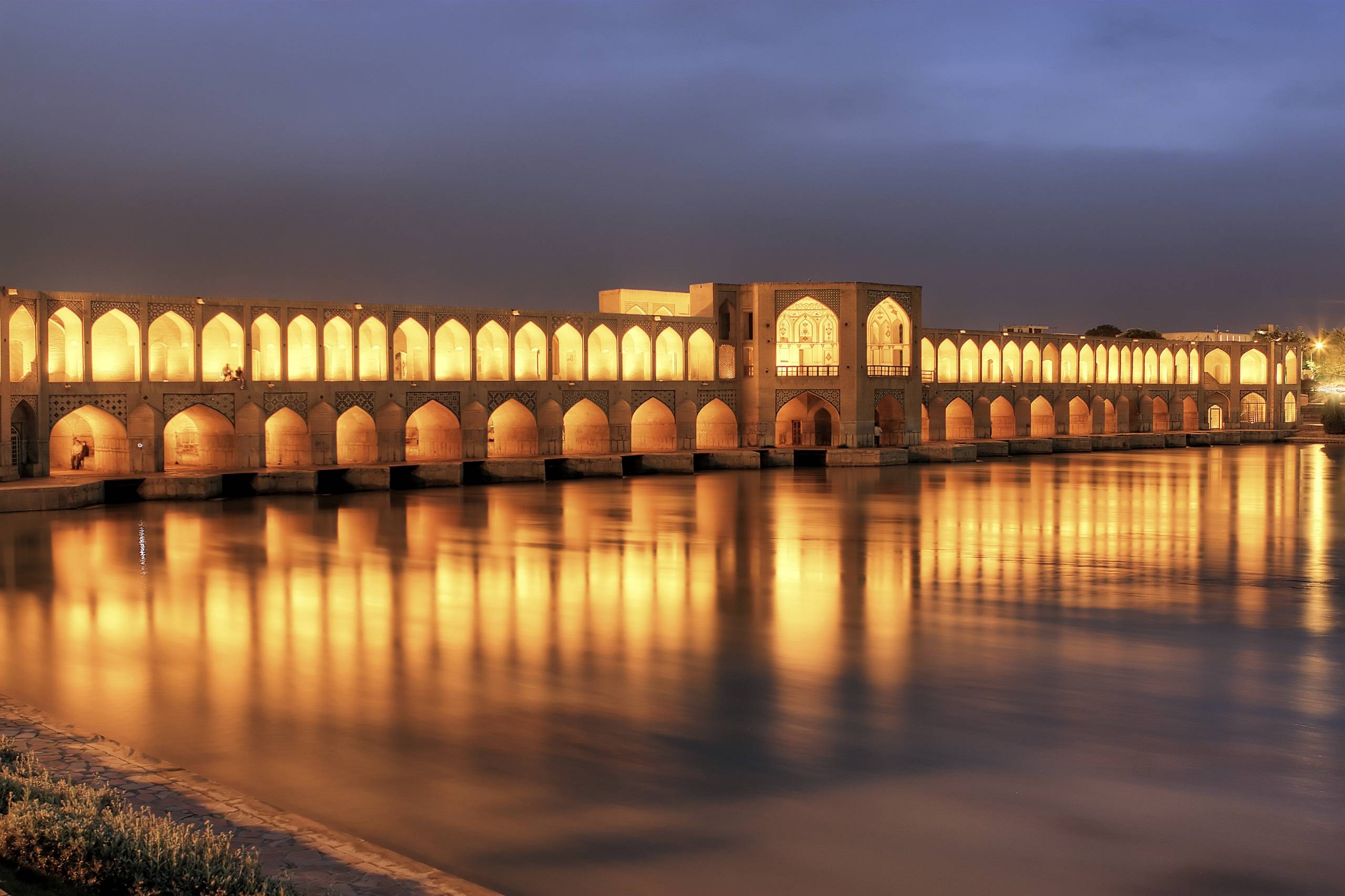 General 2560x1706 night Iran lights river photography architecture Islamic architecture