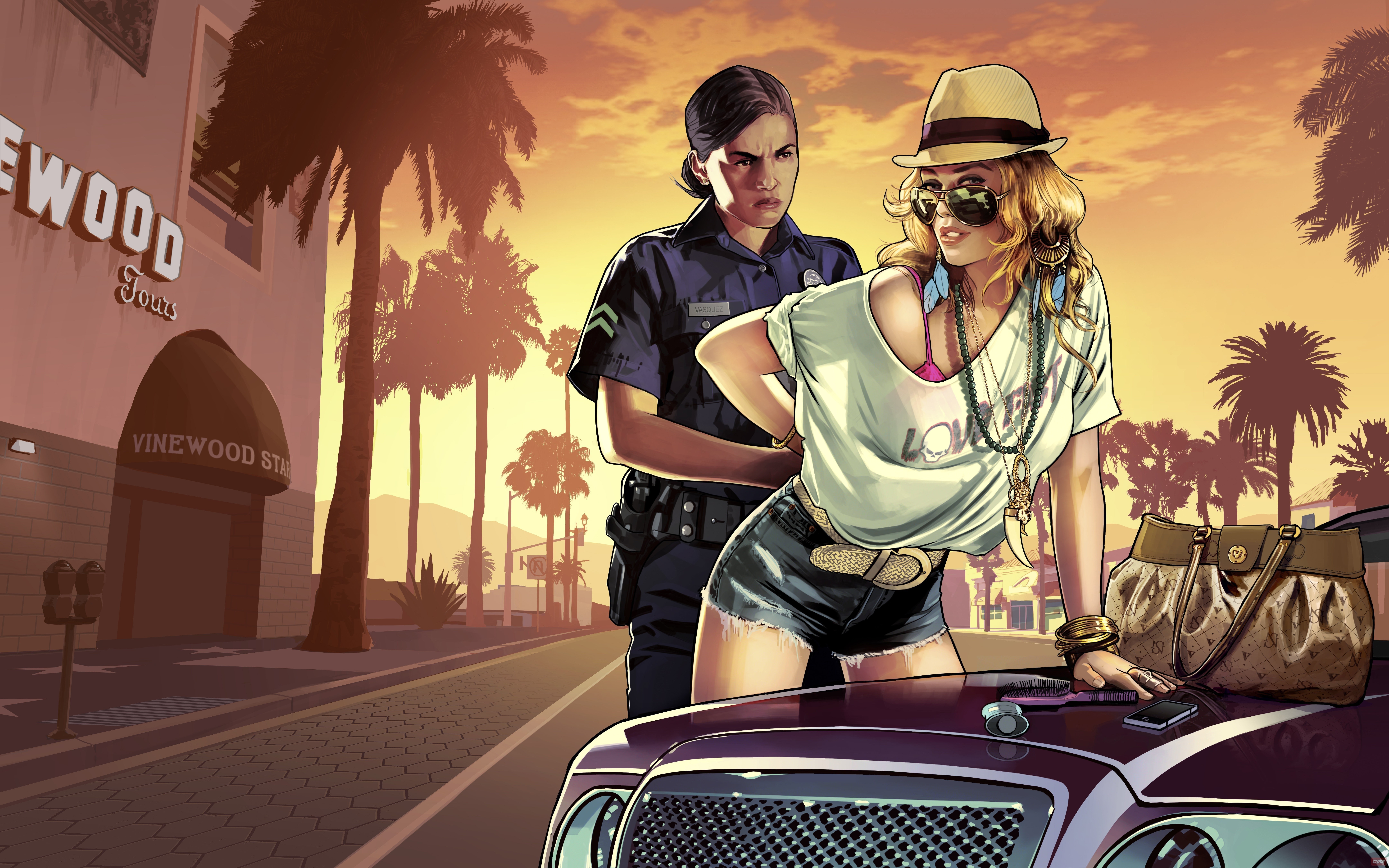 General 8640x5400 Grand Theft Auto V video games video game art hat sunglasses car jean shorts PC gaming women two women video game girls police women women with cars women with shades uniform