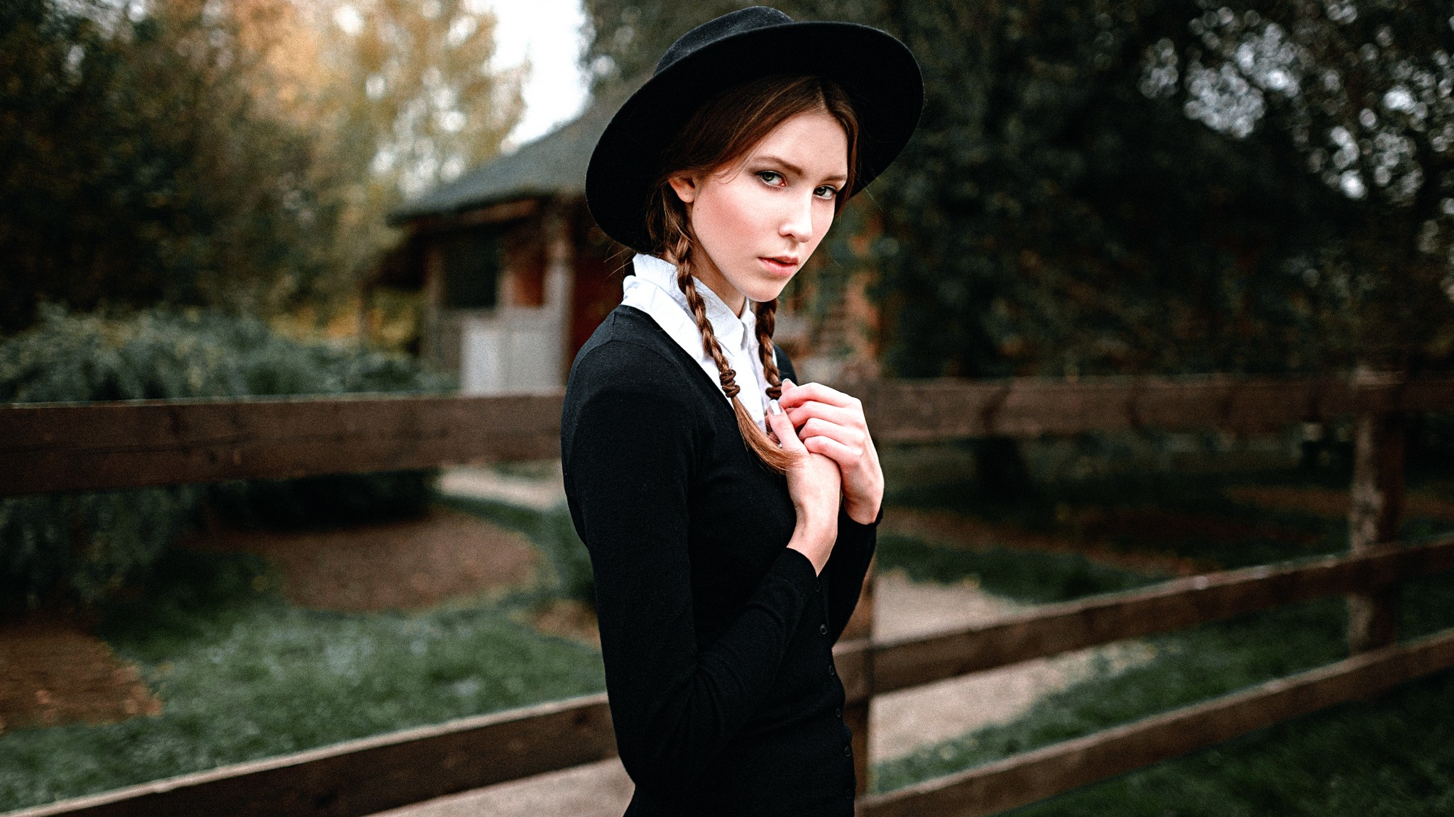 People 2048x1152 women face Georgy Chernyadyev women with hats redhead twintails braids looking at viewer white shirt black sweater women outdoors hat black clothing slim body