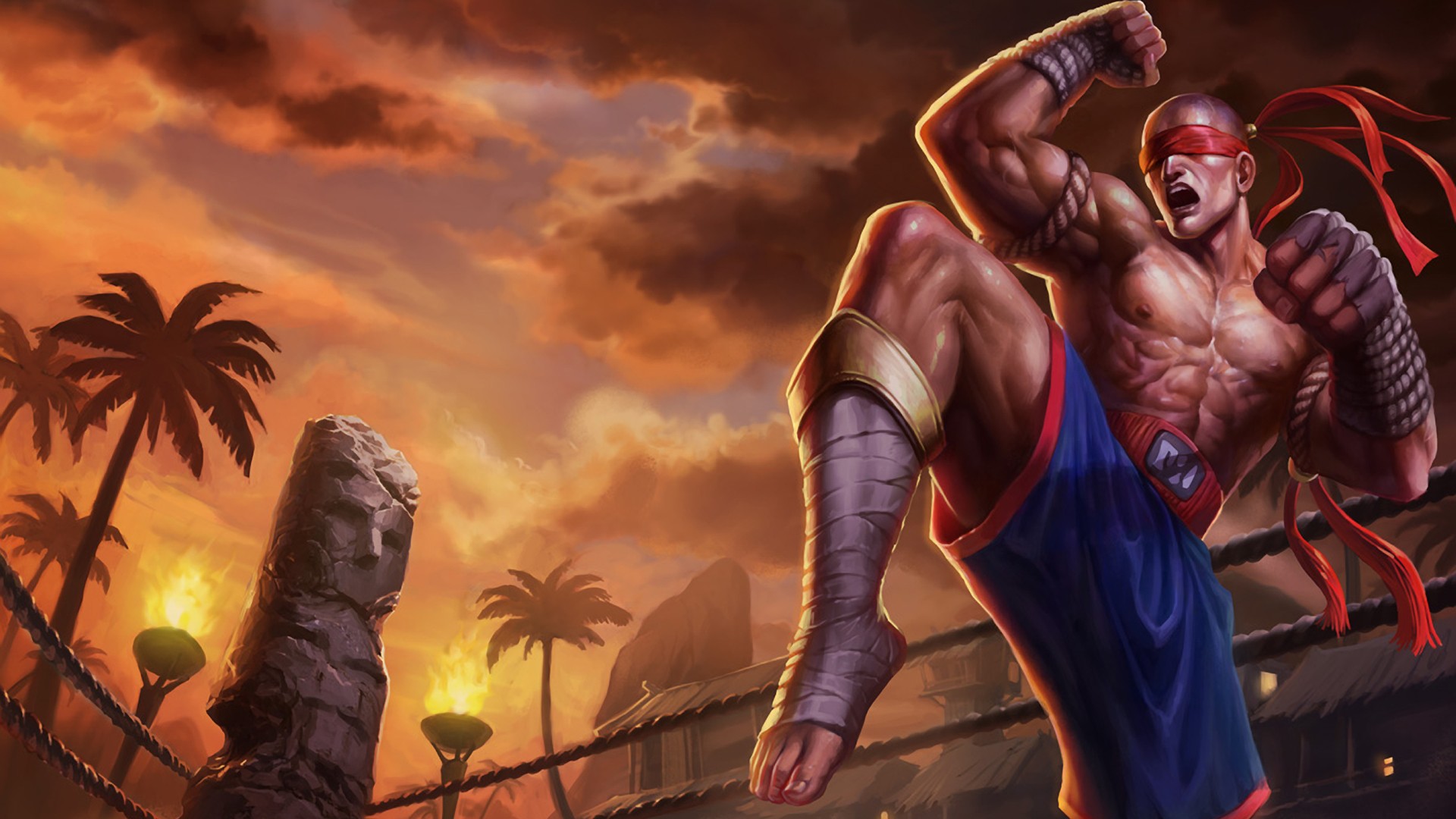 General 1920x1080 Lee Sin (League of Legends) video game warriors PC gaming muscles open mouth orange sky video game men video game art