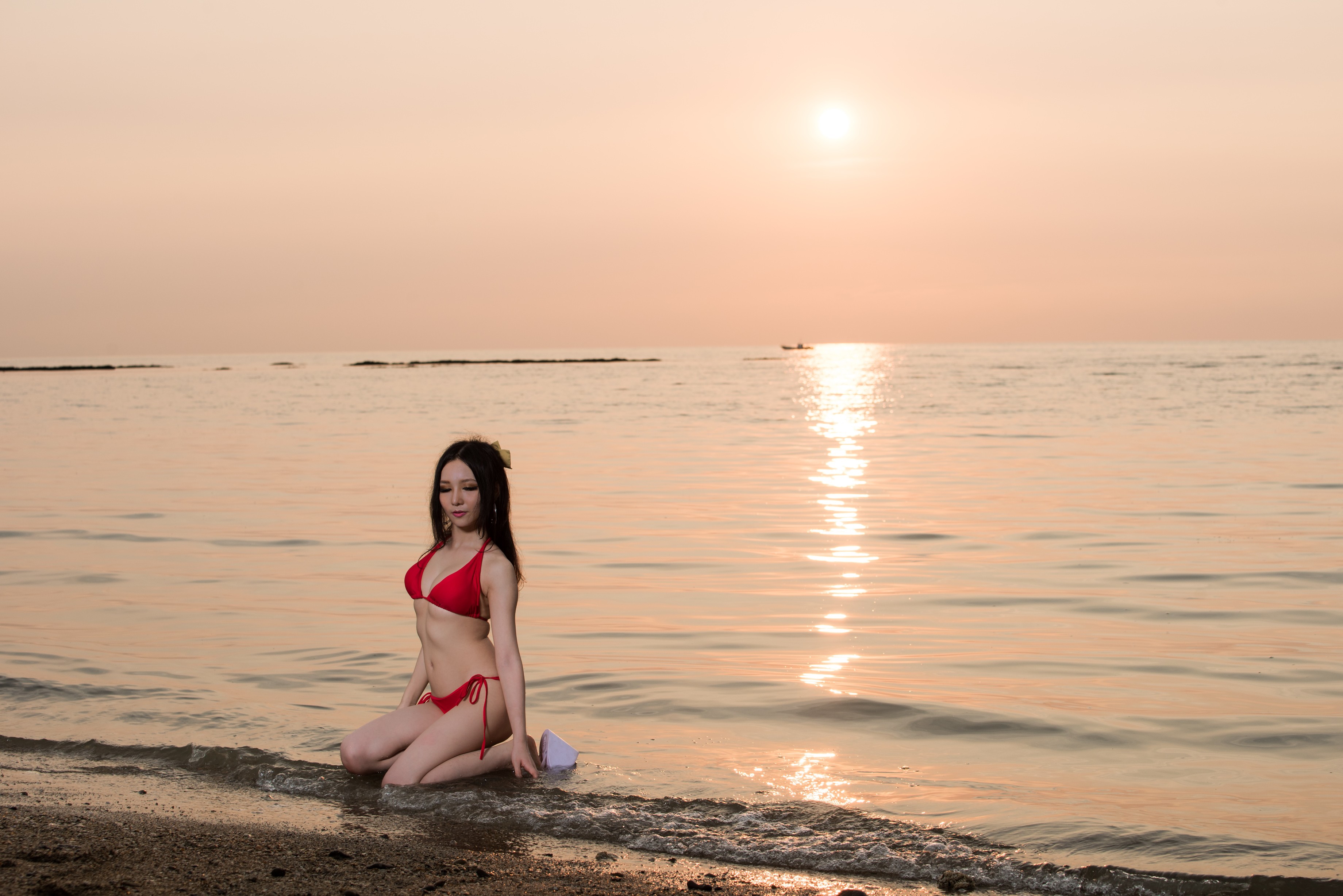People 3680x2456 beach sea women outdoors women model Asian red bikini sand women on beach bikini sky horizon outdoors kneeling belly black hair