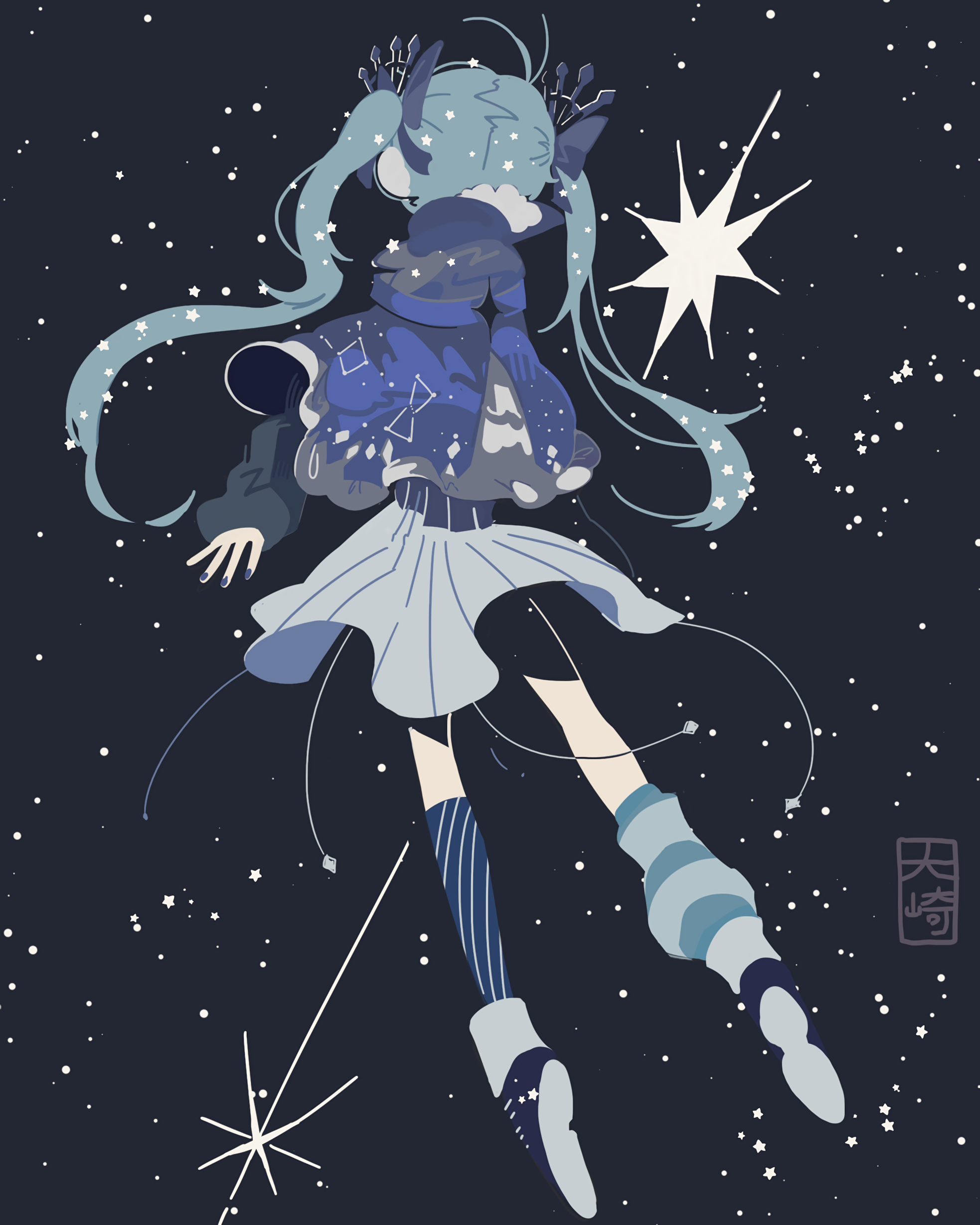 Anime 1966x2458 anime anime girls twintails scarf blue hair blue skirt socks striped socks snowflakes long hair detached sleeves winter simple background Vocaloid Hatsune Miku Pixiv