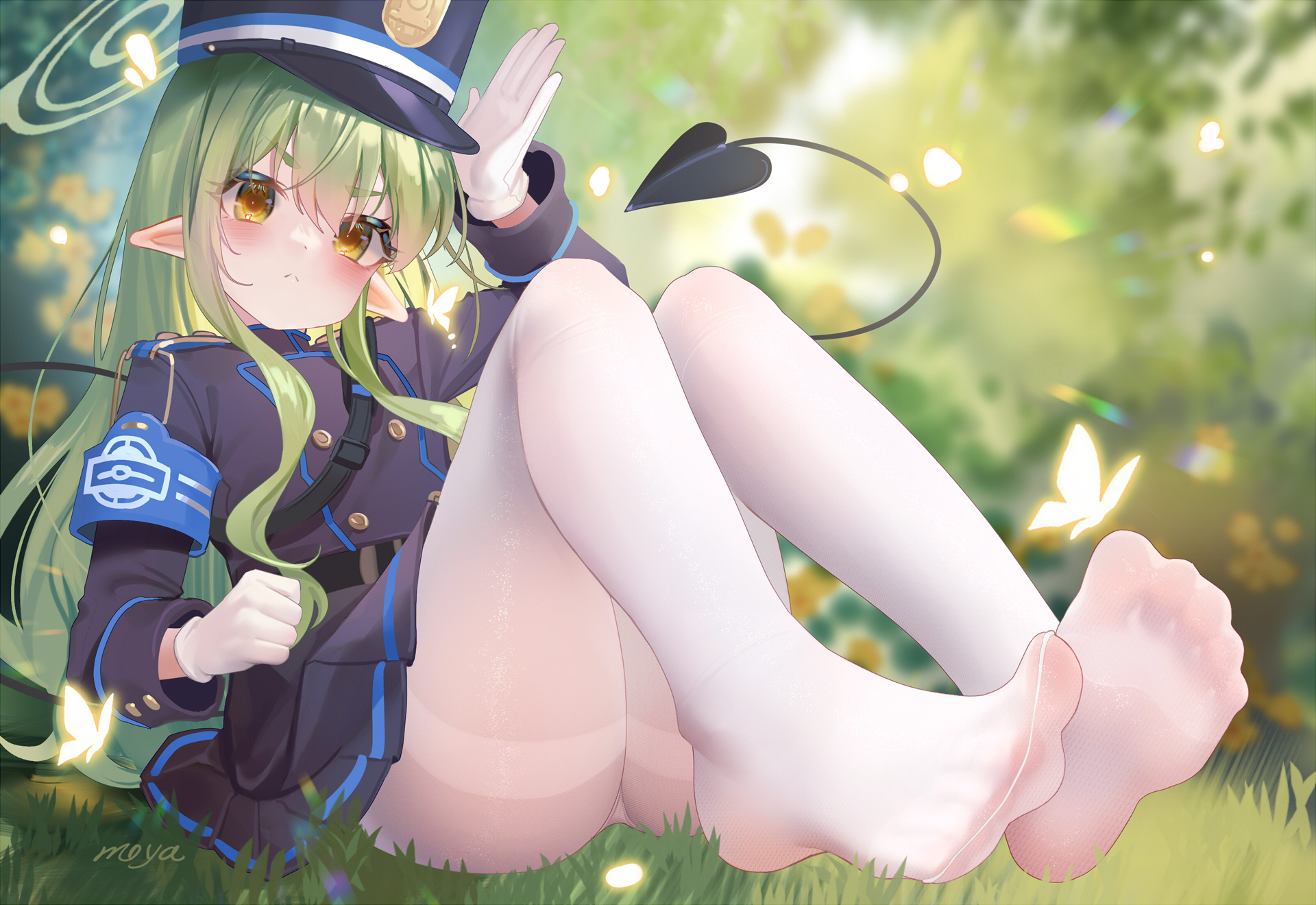 Anime 1920x1320 Blue Archive anime girls Highlander Sidelocks Conductor (Blue Archive) long hair uniform Tachibana Hikari (Blue Archive) Fh Moya looking at viewer hair between eyes blushing closed mouth green hair yellow eyes pantyhose white pantyhose feet sitting white gloves gloves women with hats hat grass toes butterfly long sleeves blurry background tail signature skirt thighs