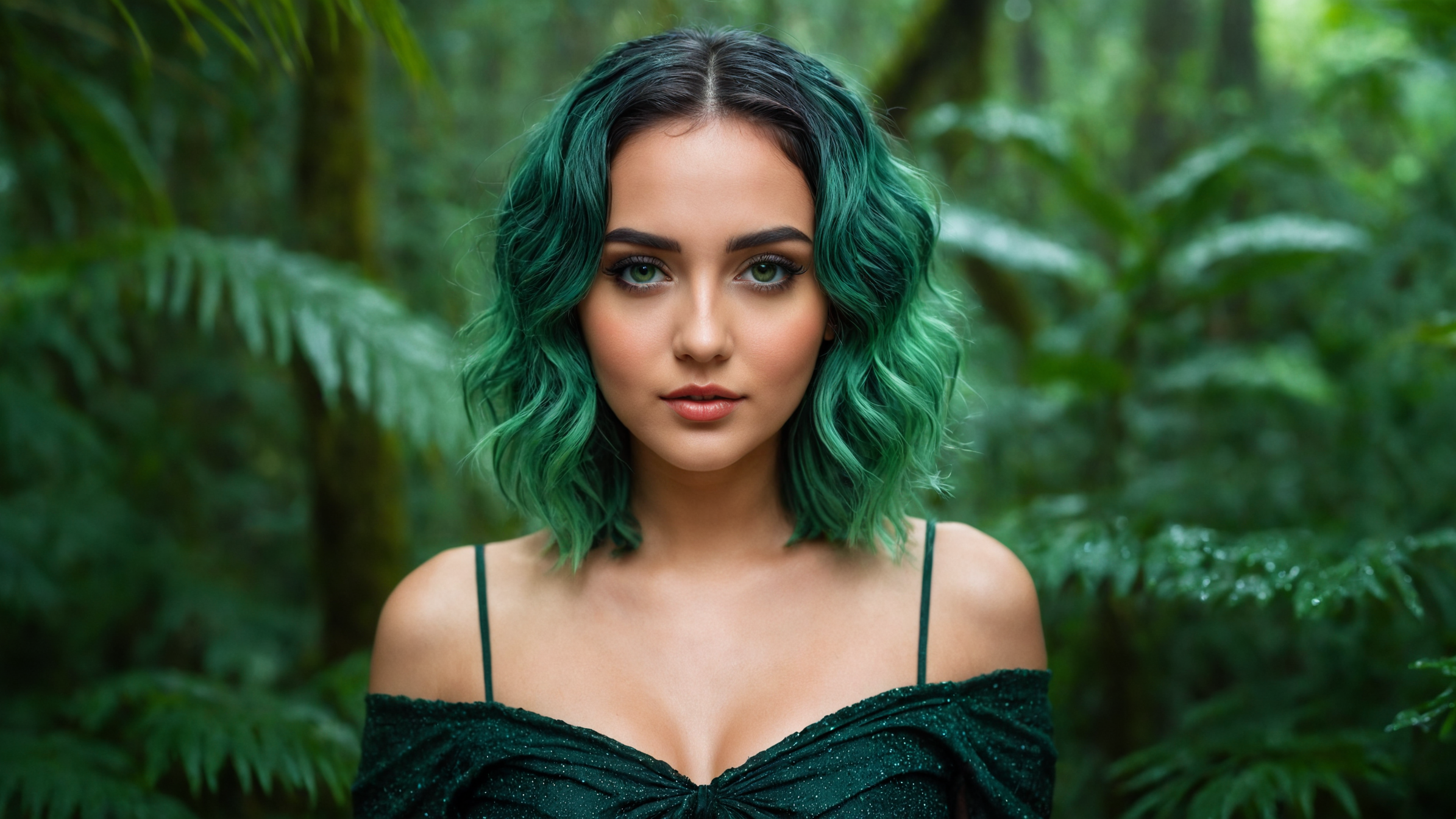 General 2389x1344 AI art Stable Diffusion portrait green hair forest green eyes
