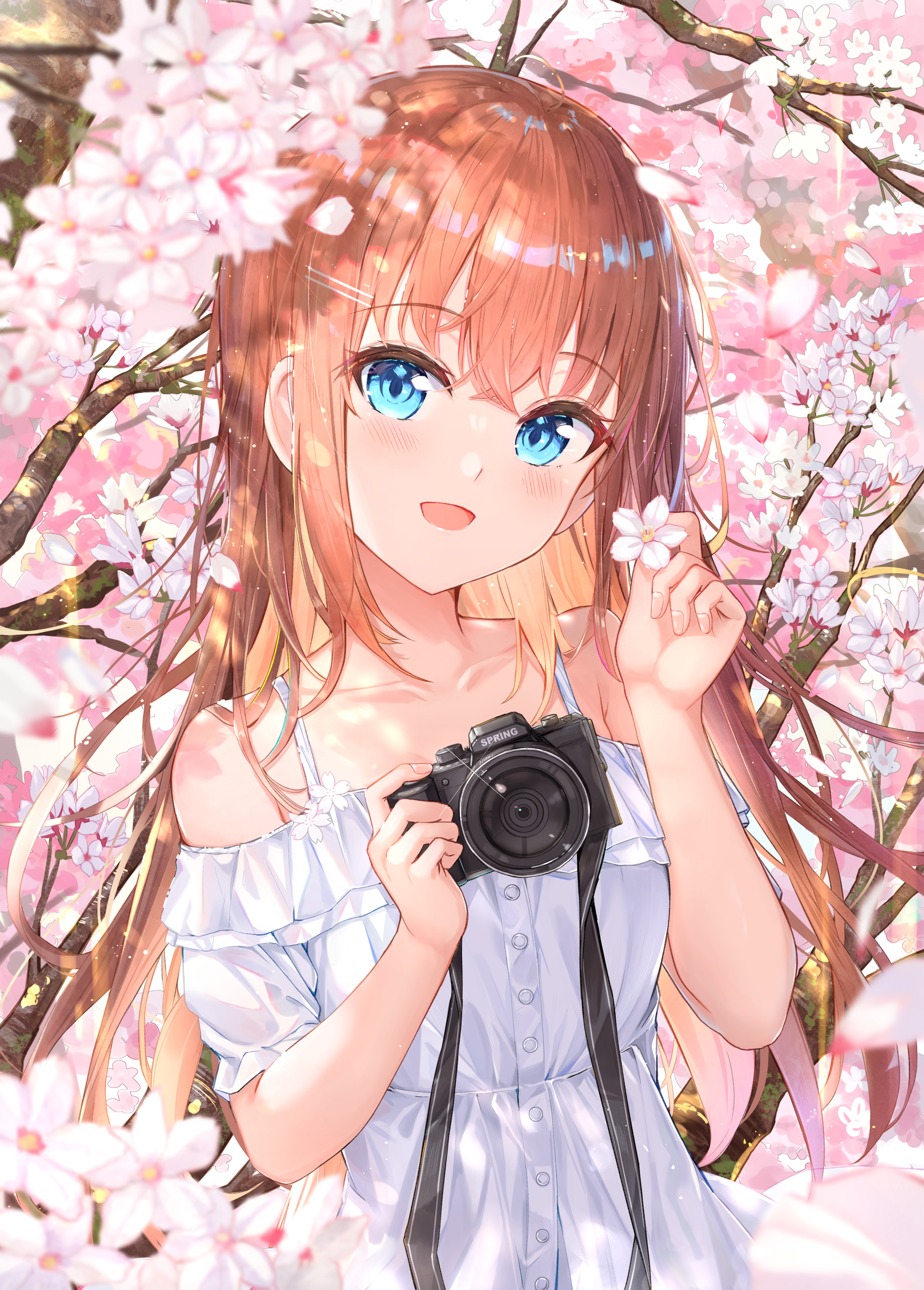 Anime 3031x4230 long hair blue eyes anime holding camera Na Kyo portrait display hair between eyes smiling looking at viewer blushing redhead bare shoulders collarbone camera pink flowers flowers branch white dress cherry blossom dress open mouth sunlight