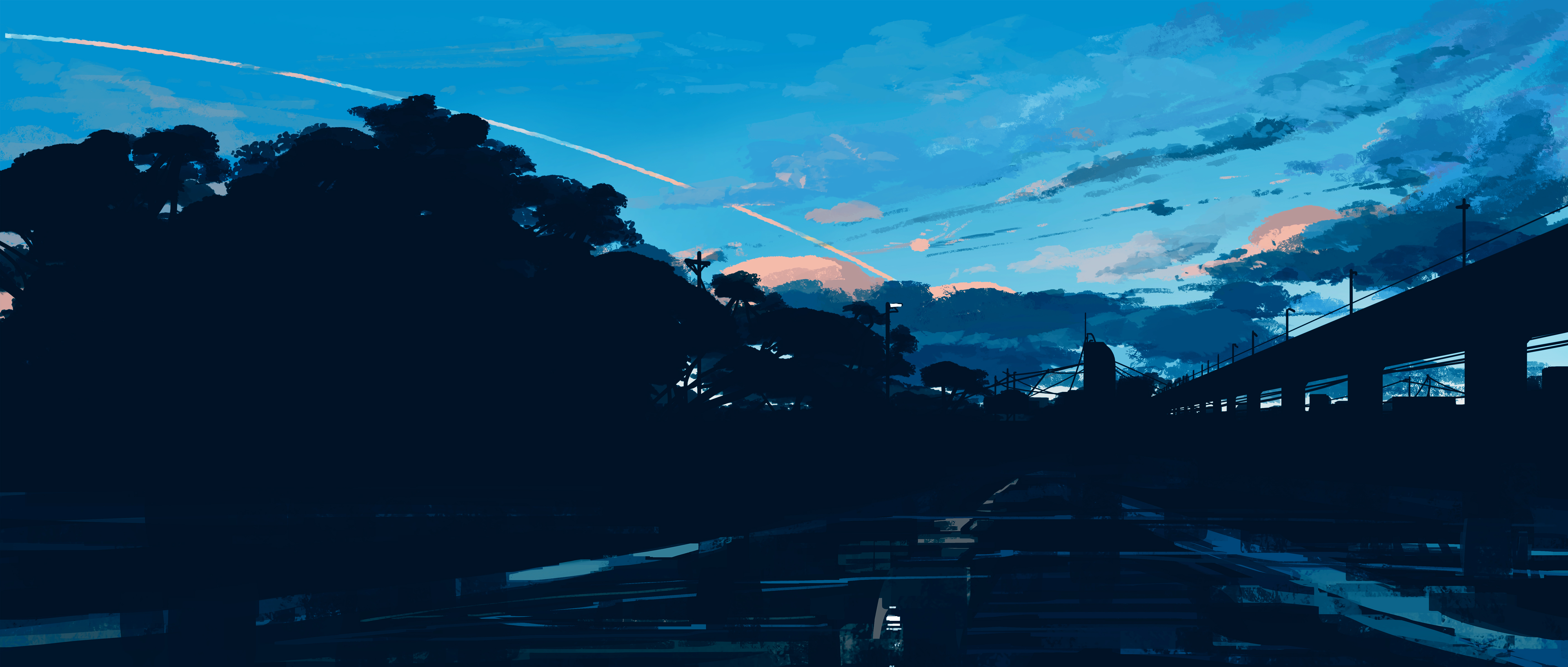 General 5640x2400 anime Gracile city artwork clouds trees