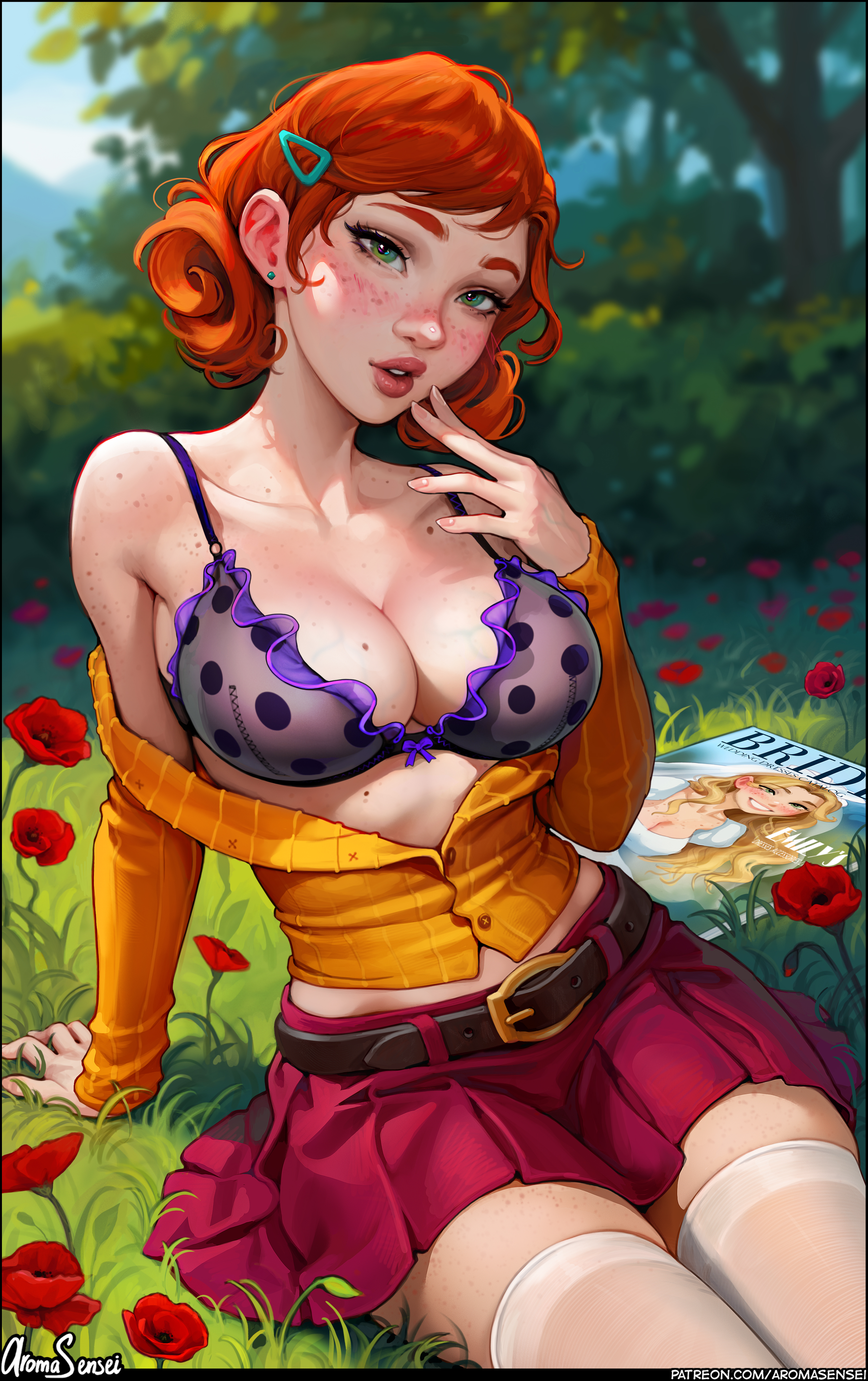 General 3145x5000 Penny (Stardew Valley) Stardew Valley video game girls video game characters artwork drawing fan art Aroma Sensei off shoulder boobs big boobs cleavage open clothes miniskirt thighs together sitting on the ground bra frontal view hands on floor head tilt purple bra watermarked outdoors red flowers freckles (body) video games grass collarbone skinny thighs