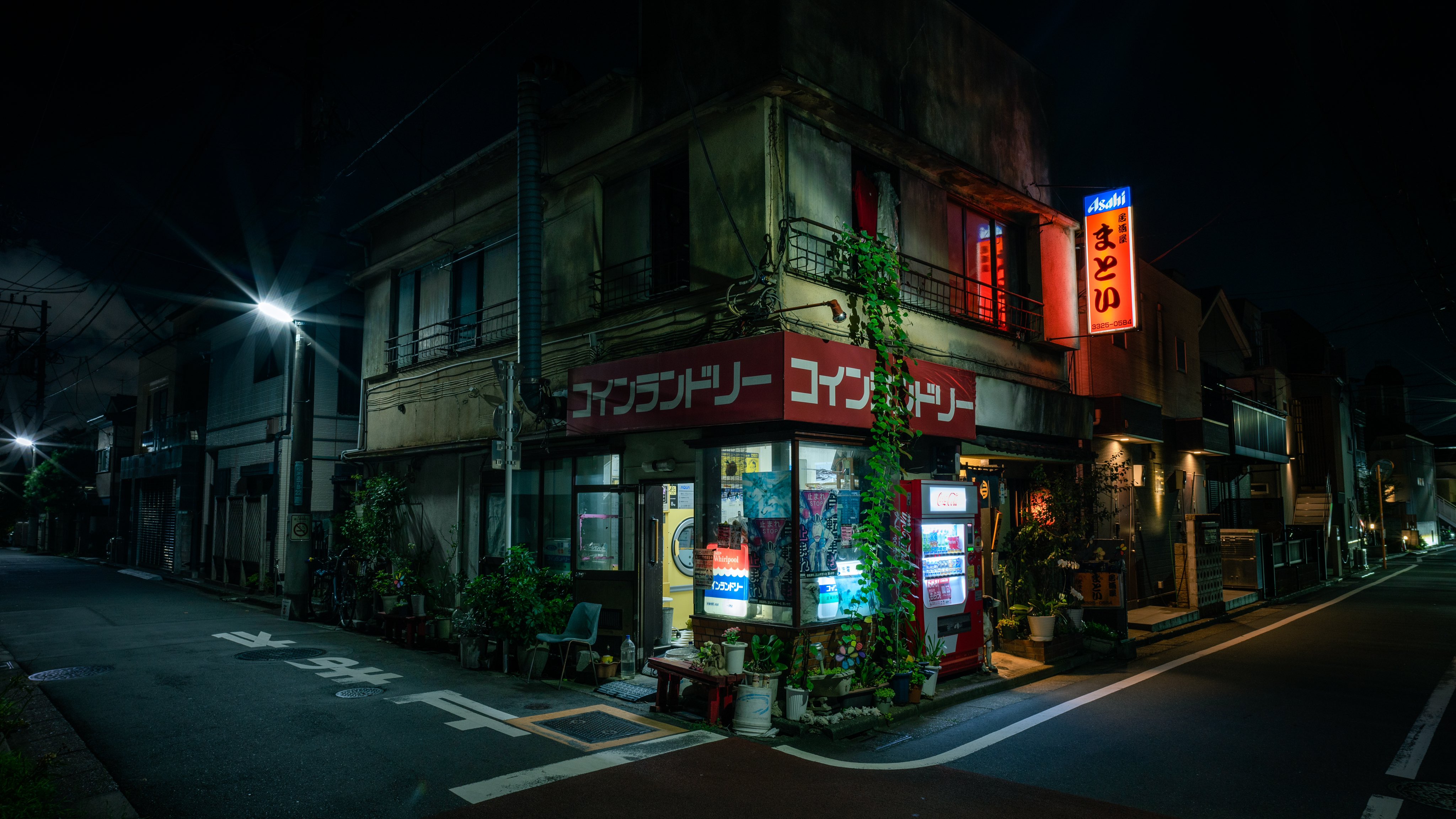 General 4096x2304 city katakana street night neon lights urban stores plants store front street light Japanese chair building dog leaves animals power lines vending machine sign water bottle drink numbers