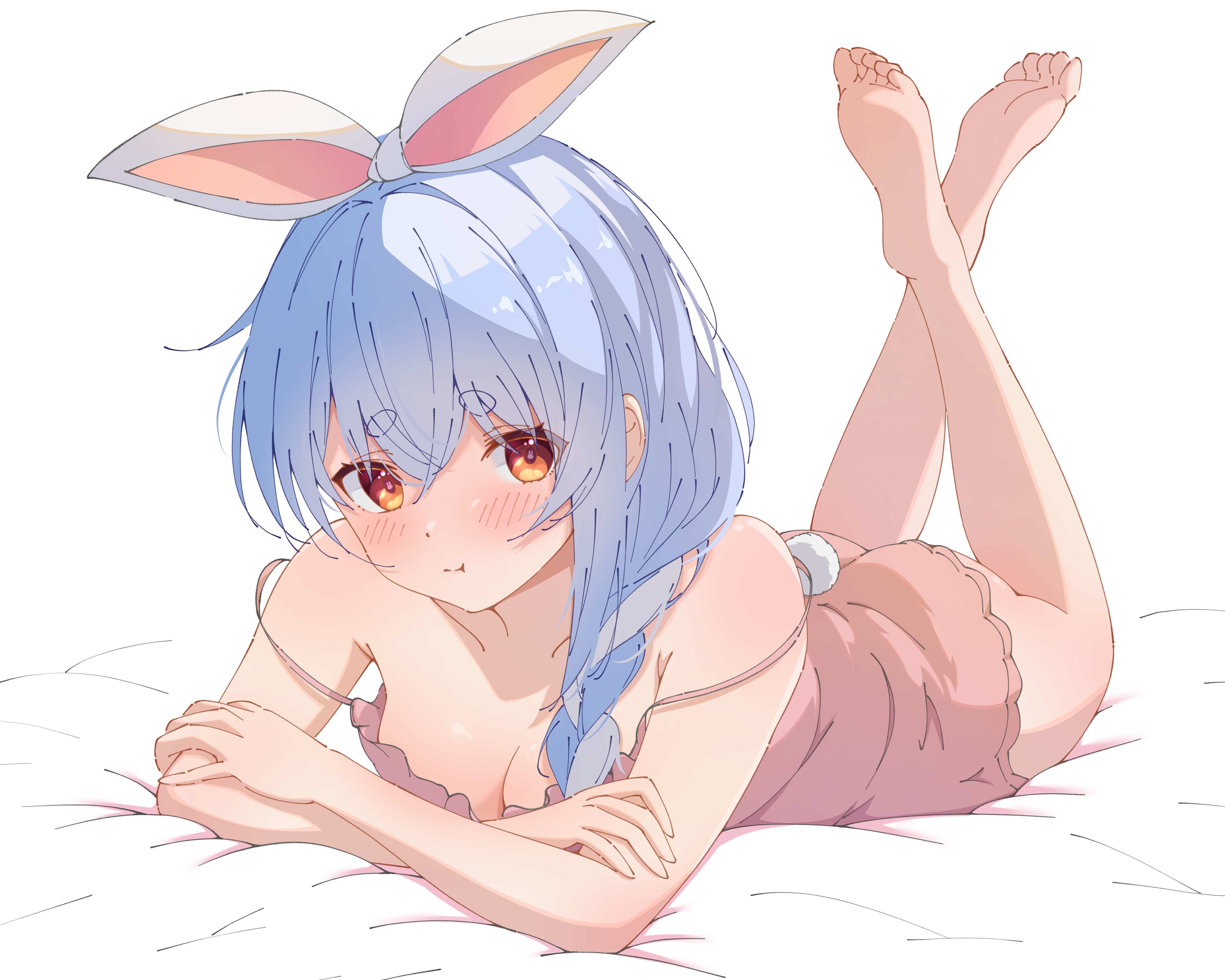 Anime 5000x4000 Pixiv Usada Pekora Hololive anime Virtual Youtuber smiling simple background feet white background blushing feet crossed foot sole closed mouth cleavage strap falling off shoulder bare shoulders bunny girl off shoulder bunny tail anime girls two tone hair orange eyes feet in the air lying down lying on front bright looking at viewer hair between eyes toes
