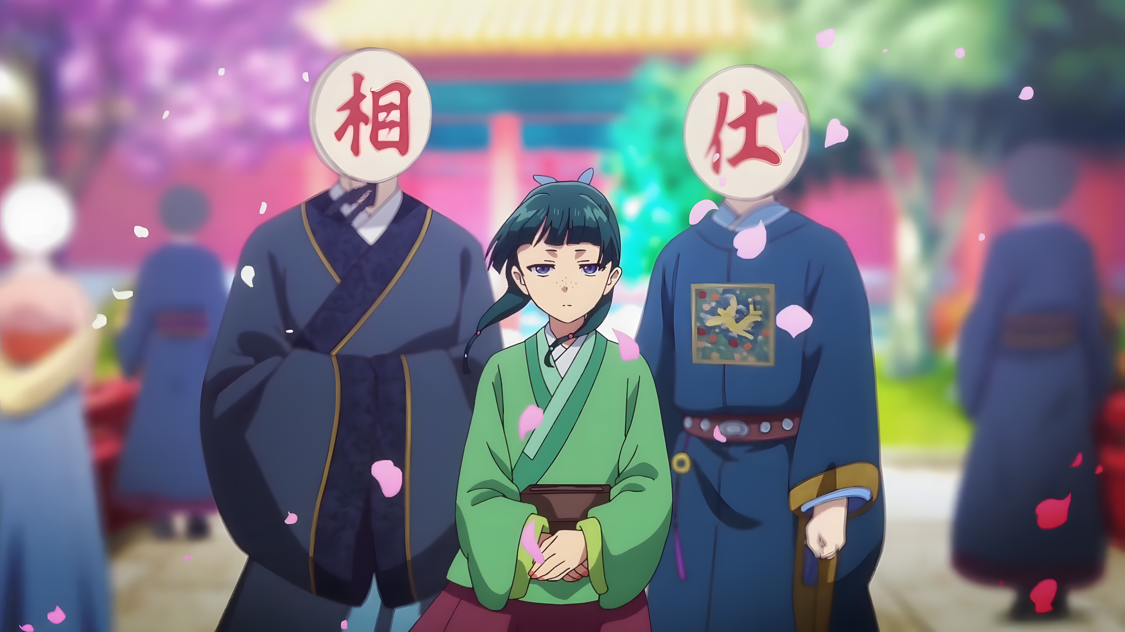 Anime 3840x2160 The Apothecary Diaries Maomao green hair anime anime girls Anime screenshot petals wide sleeves long sleeves blurry background blurred kimono looking at viewer closed mouth short hair hair blowing in the wind blue eyes freckles standing bangs Japanese clothes trees