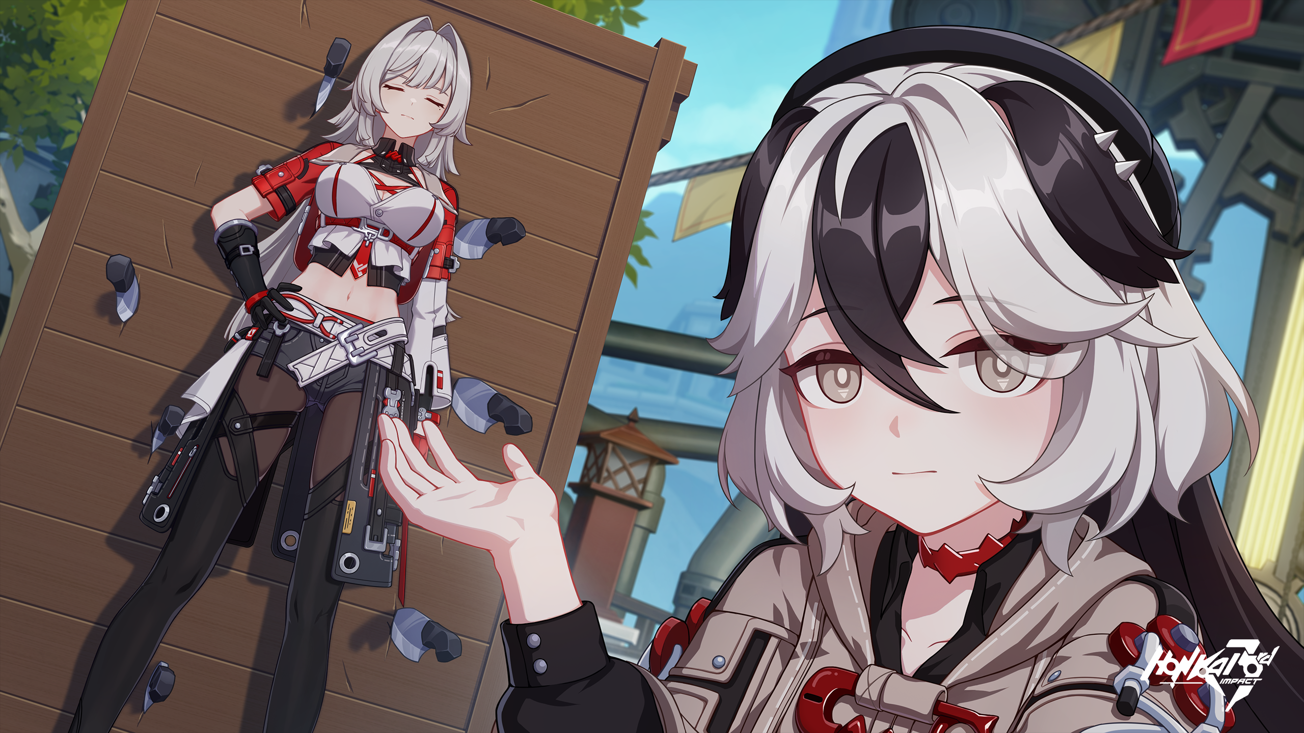 Anime 2560x1440 Honkai Impact 3rd Erdős Helia (Honkai Impact 3rd) Coralie 6626 Planck (Honkai Impact 3rd) Honkai Impact standing two tone hair knife hair between eyes wood video game characters CGI video game art gloves video game girls long hair black gloves video games bare midriff closed mouth closed eyes gray eyes looking at viewer title anime games