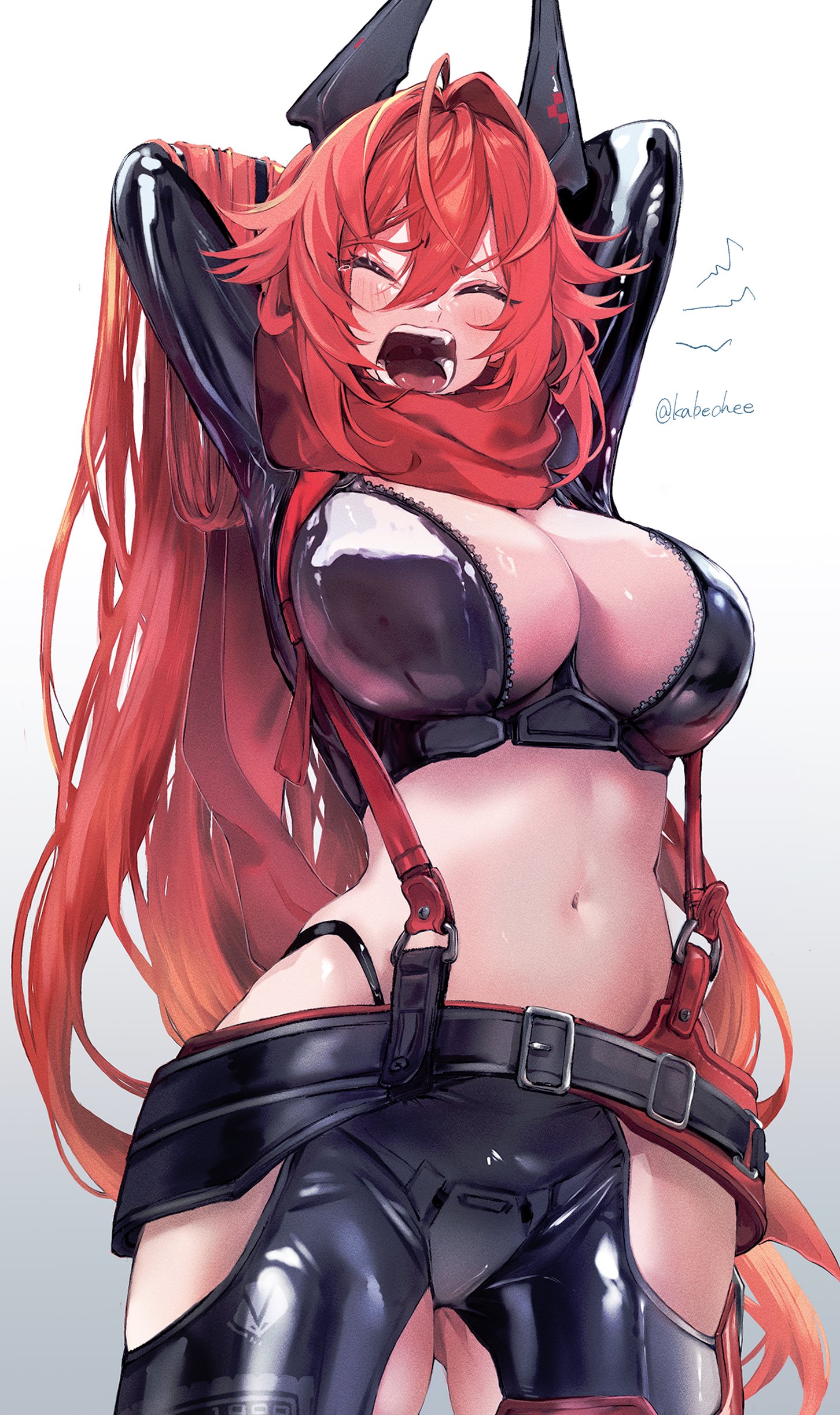 Anime 1452x2445 Nikke: The Goddess of Victory portrait display yawning Red Hood (Nikke) redhead arm(s) behind head scarf huge breasts leather pants  leather jacket open mouth suspenders red scarfs closed eyes stretching Chikabe unzipped long hair blushing