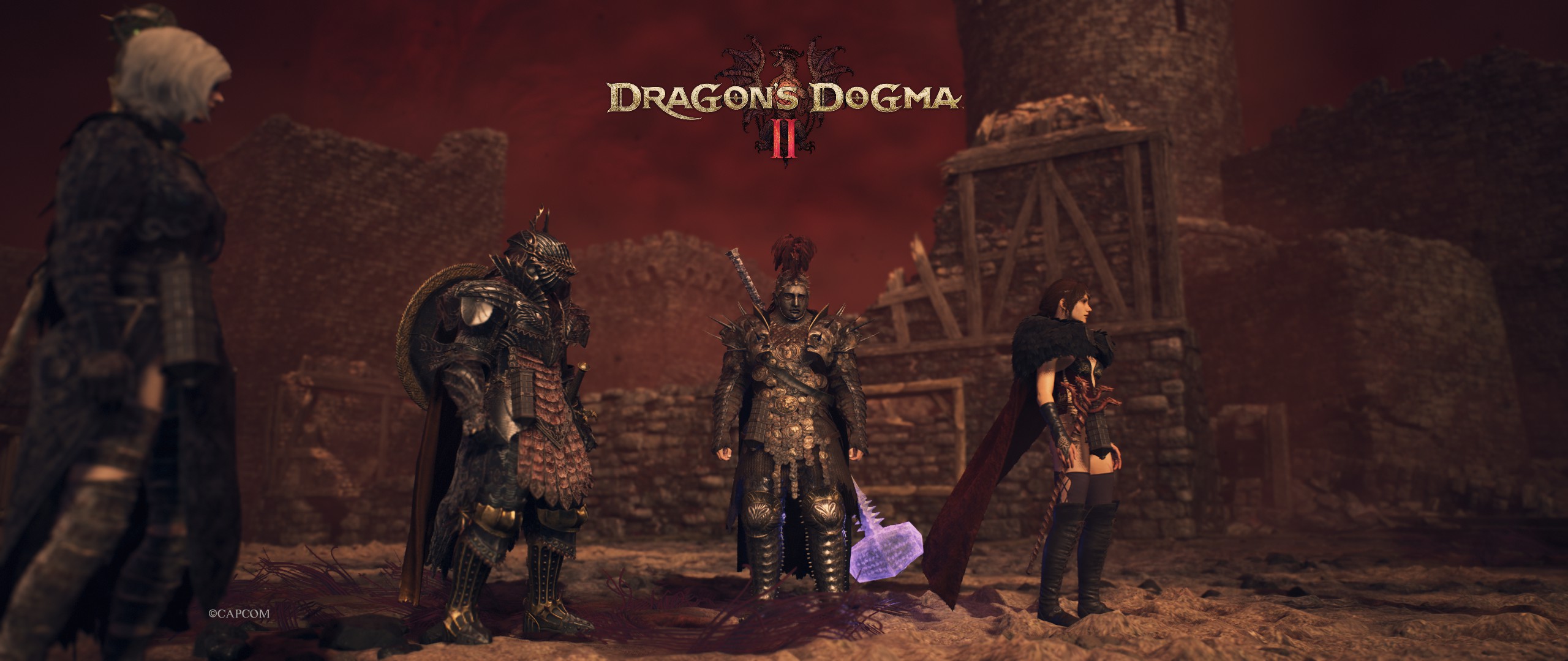 General 2560x1080 DD2 Game Games DD2 Dragon's Dogma 2 title video game characters CGI Dragon's Dogma standing video games armor video game art screen shot hammer watermarked video game men line-up video game girls cape Capcom
