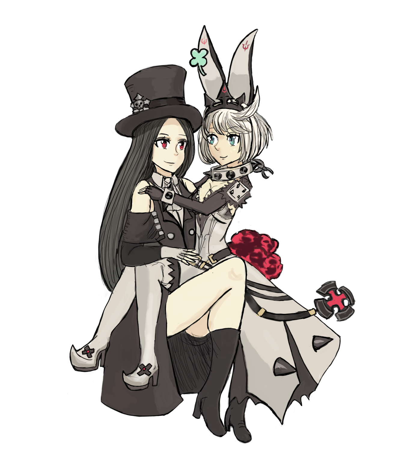 Anime 1311x1542 Elphelt Valentine Testament (guilty gear) Testaphelt anime couple anime girls Guilty Gear Guilty Gear Xrd sitting girl sitting on girl dress Guilty gear strive smiling long hair closed mouth thigh high boots bent legs white background collar short hair black hair red eyes white hair blue eyes portrait display