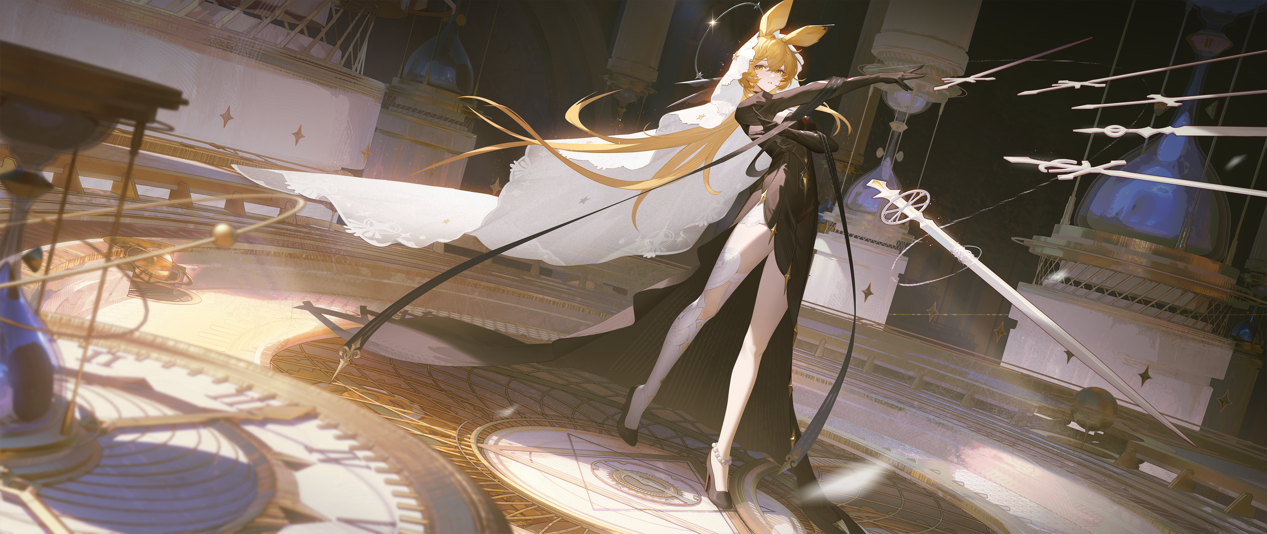 Anime 5120x2160 Dorothy(Arknights) Arknights anime girls illustration dacheng ad hair between eyes long hair looking at viewer standing yellow eyes parted lips thigh-highs animal ears sword women with swords mouse girls mouse ears blonde high heels hourglasses floating