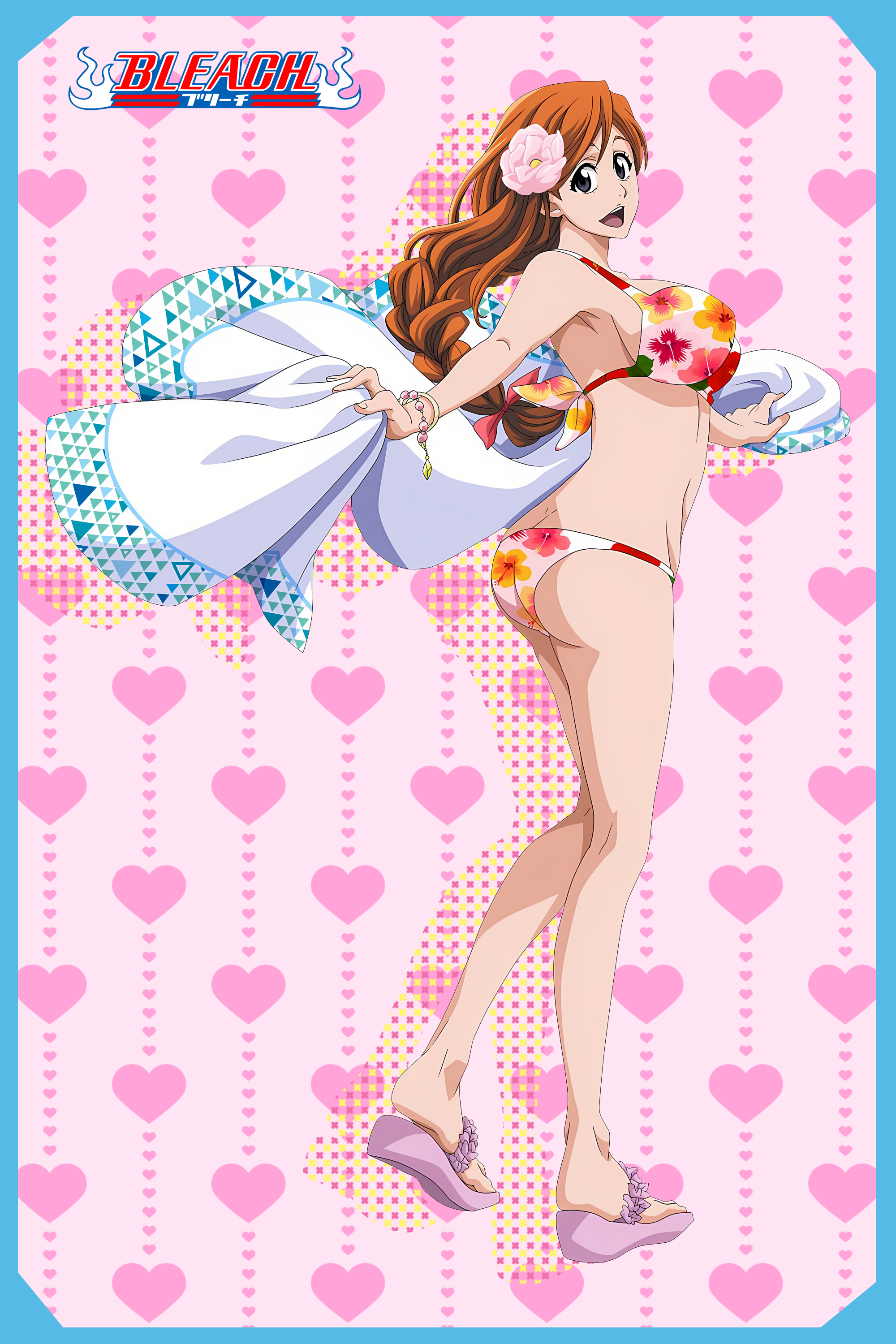 Anime 2000x3000 anime anime girls Bleach Inoue Orihime ass bikini redhead looking at viewer smiling portrait display long hair heart (design) standing big boobs bracelets title open mouth flower in hair sideboob