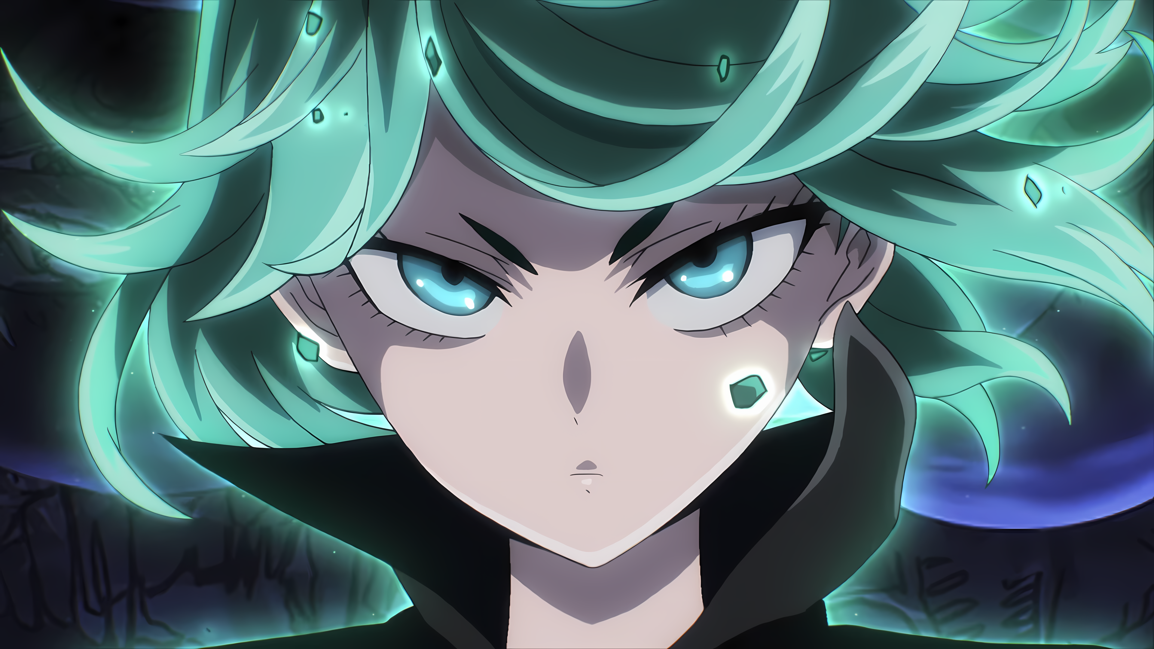 Anime 3840x2160 One-Punch Man Tatsumaki green hair green eyes looking at viewer closeup