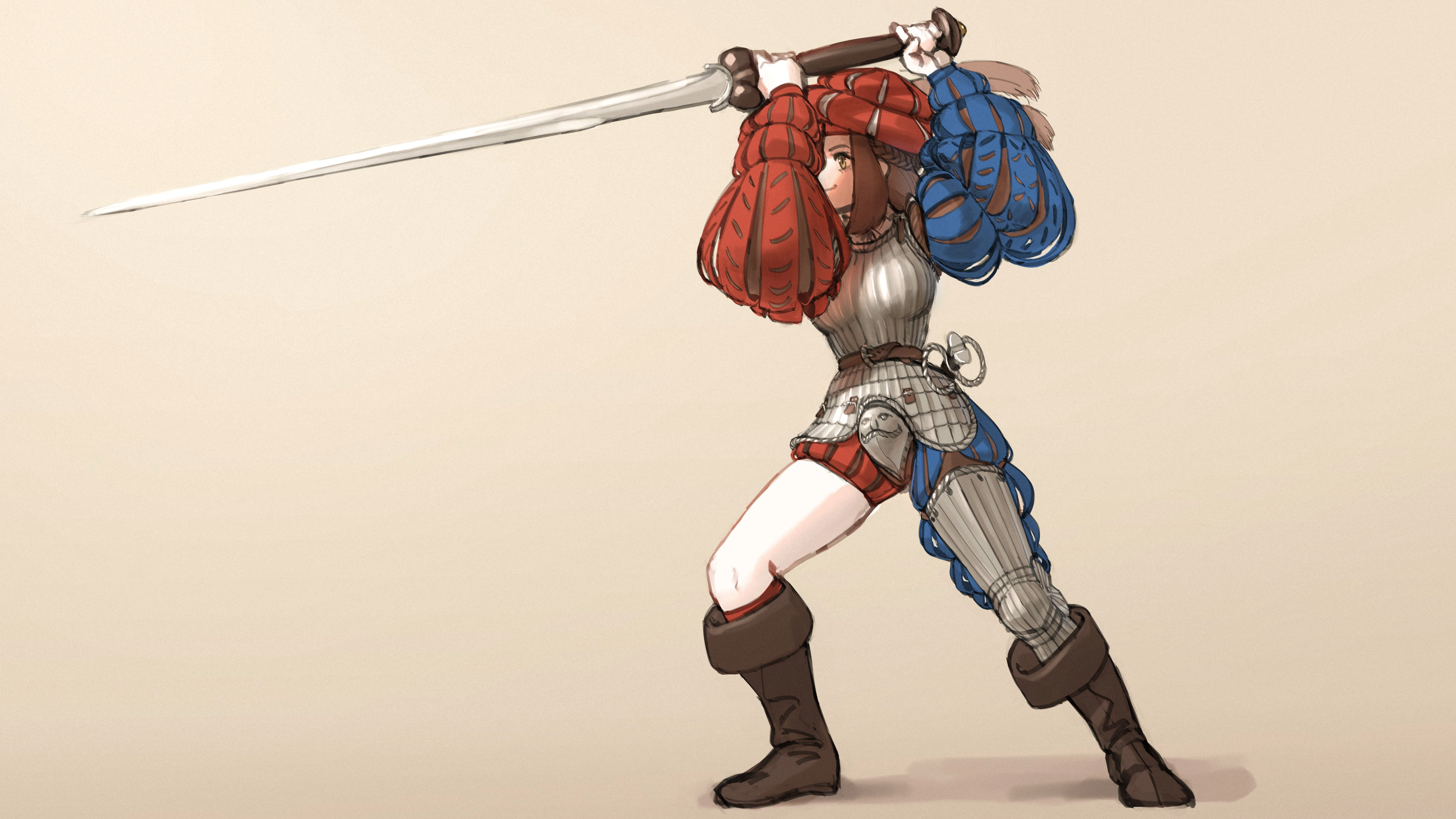 Anime 4096x2304 gloves anime girls soldier armor weapon puffy sleeves medieval renaissance leggings White leggings brunette feathers simple background boots sword women with swords looking away closed mouth fighting stance smiling