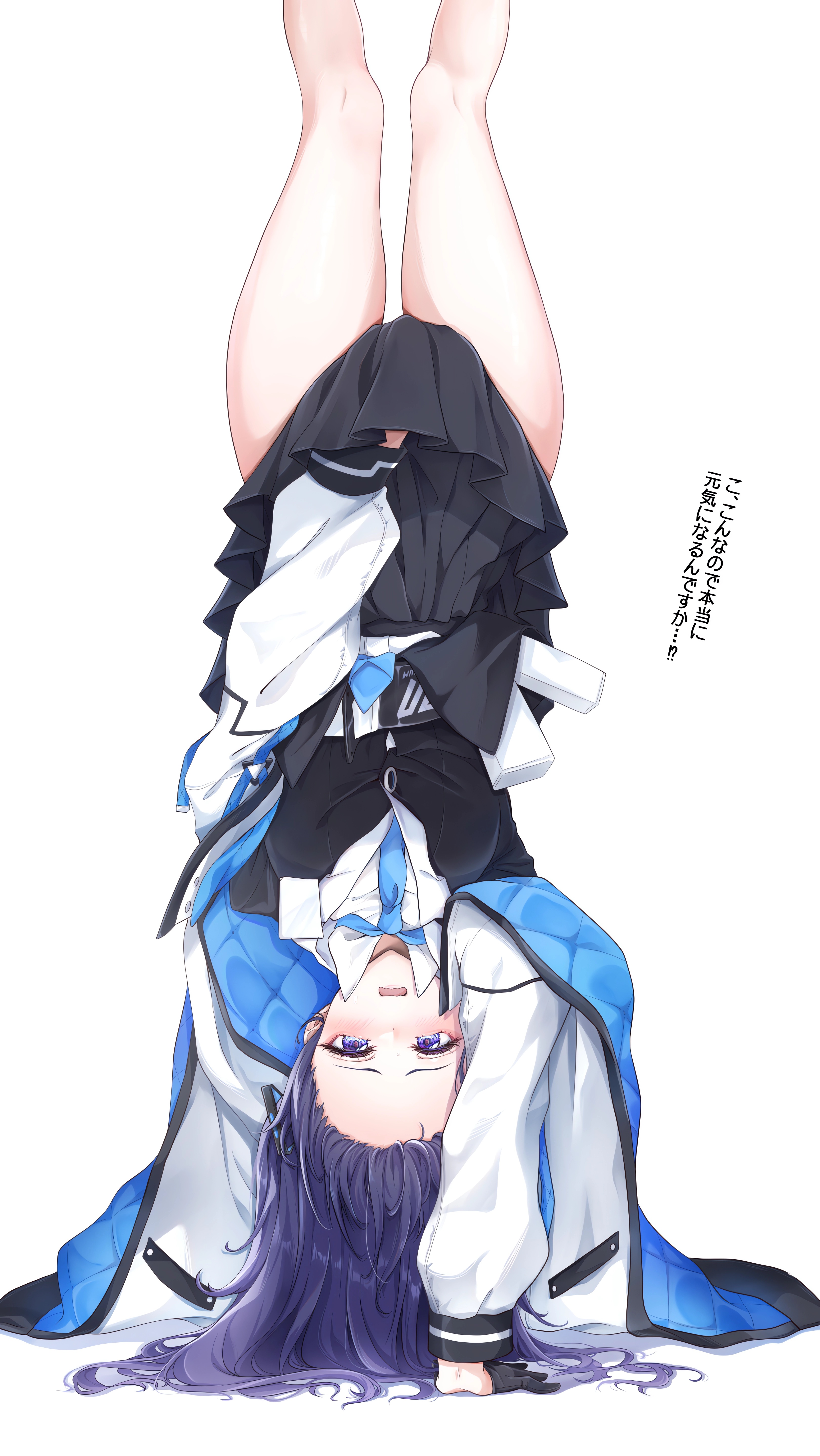 Anime 3240x5752 anime anime girls Blue Archive Hayase Yuuka Yoru0409 portrait display simple background skirt white background text Japanese upside down looking at viewer blushing open mouth long sleeves schoolgirl school uniform handstand thighs legs hair hanging down purple hair blue eyes