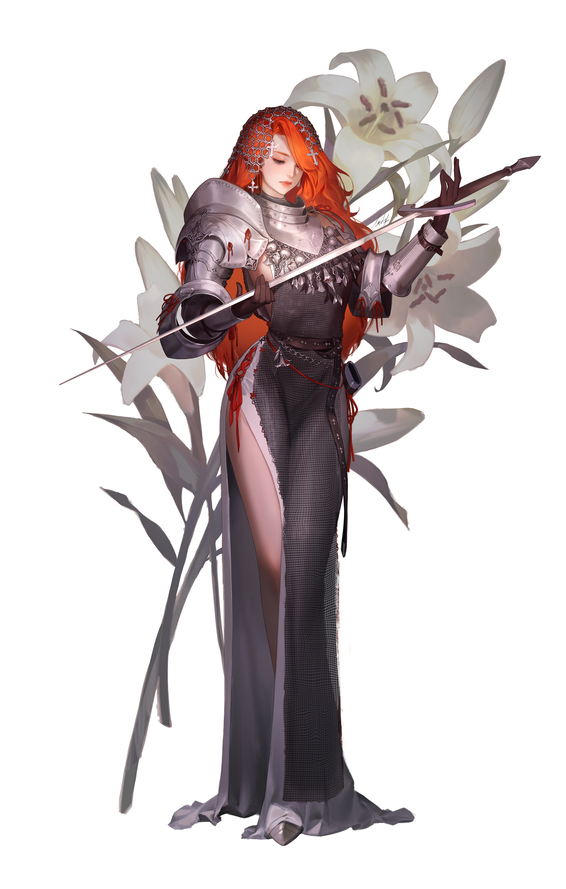 General 1920x3016 Liz Son drawing redhead chain mail sword simple background portrait display digital art women with swords armor paladin white background female warrior standing closed mouth blue eyes hair ornament cross signature weapon flowers