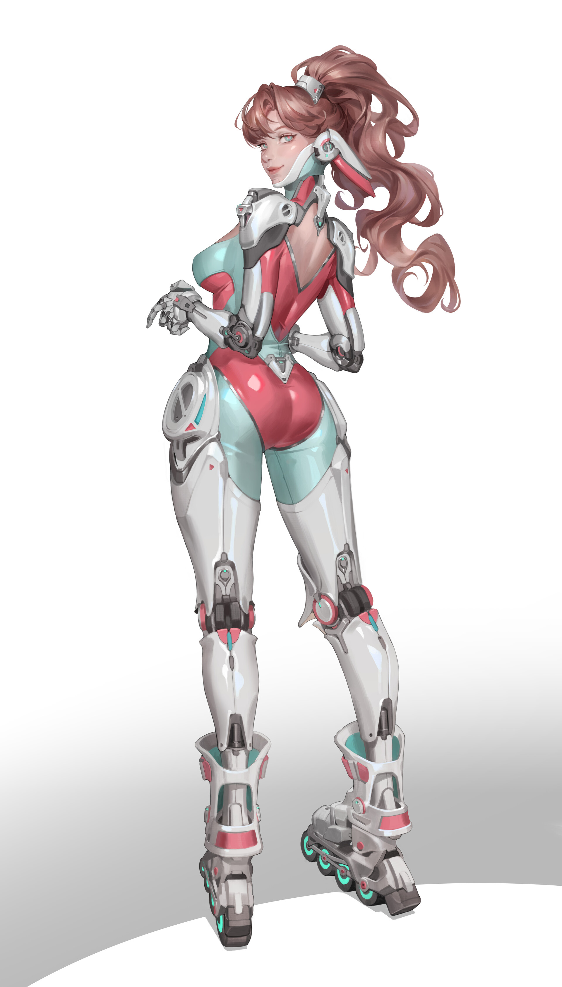 General 1920x3371 Sora Kim drawing androids roller skates standing rear view looking back whole body looking over shoulder portrait display digital art white background ponytail simple background smiling long hair cyborg girl brunette blue eyes closed mouth skinny