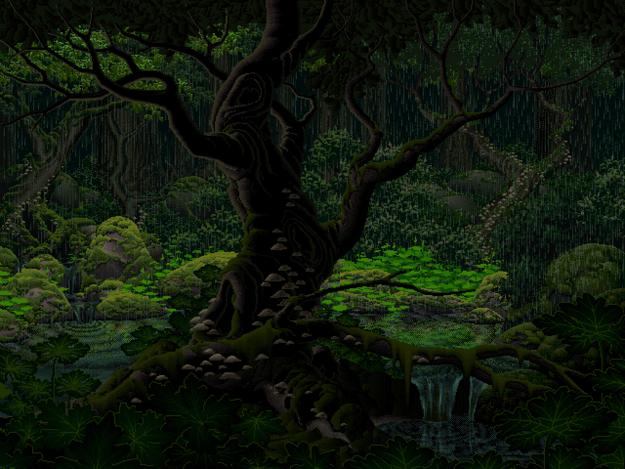 General 1280x960 pixel art water moss nature forest rain shade plants rainforest Mark Ferrari digital art