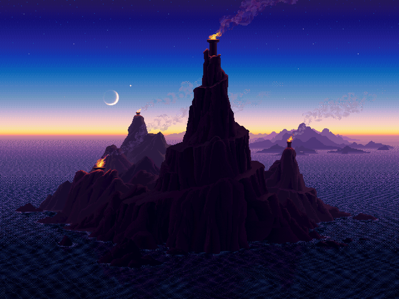 General 1280x960 nature pixel art sea digital art Mark Ferrari water sky Moon smoke island fire sunlight