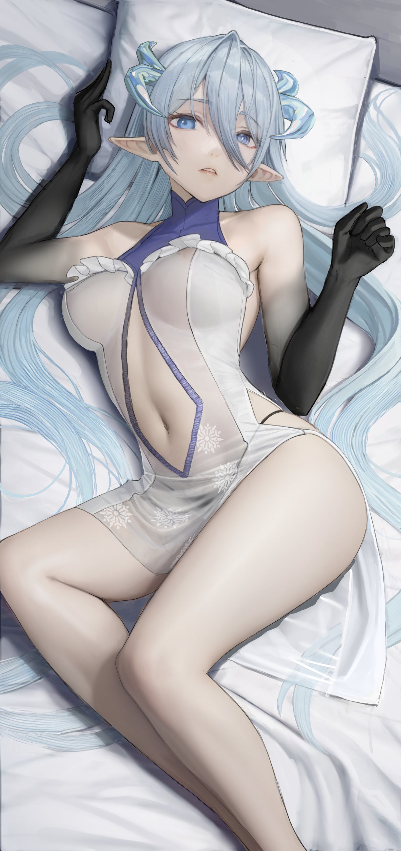 Anime 1374x2917 original characters in bed portrait display long hair gray hair looking at viewer pointy ears white dress boobs clothing cutout high angle parted lips bare shoulders horns blue eyes white sheets Nyatabe women indoors black underwear panties black panties underwear see-through dress thighs
