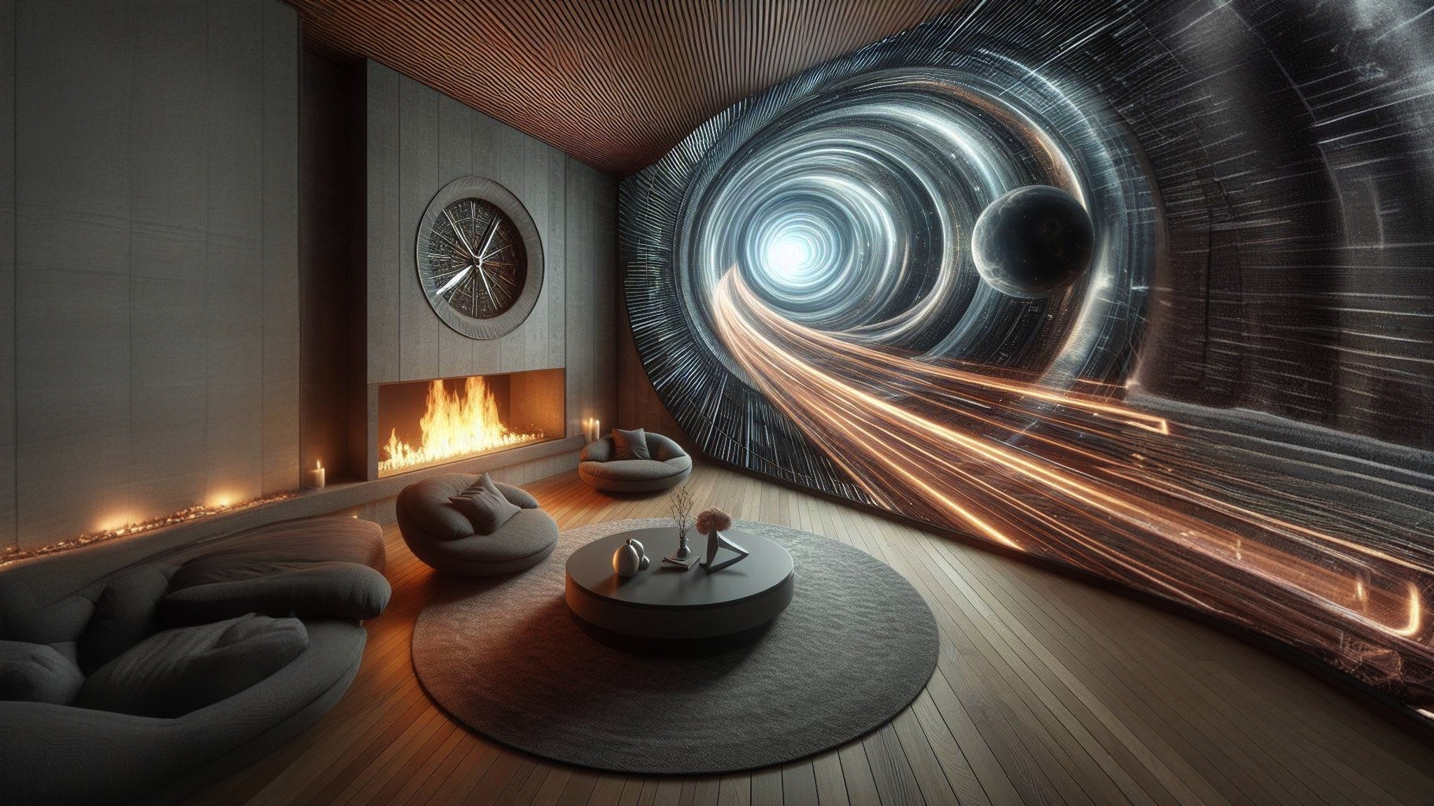 General 2048x1152 AI art digital art fireplace luxury homes tunnel wormhole science fiction