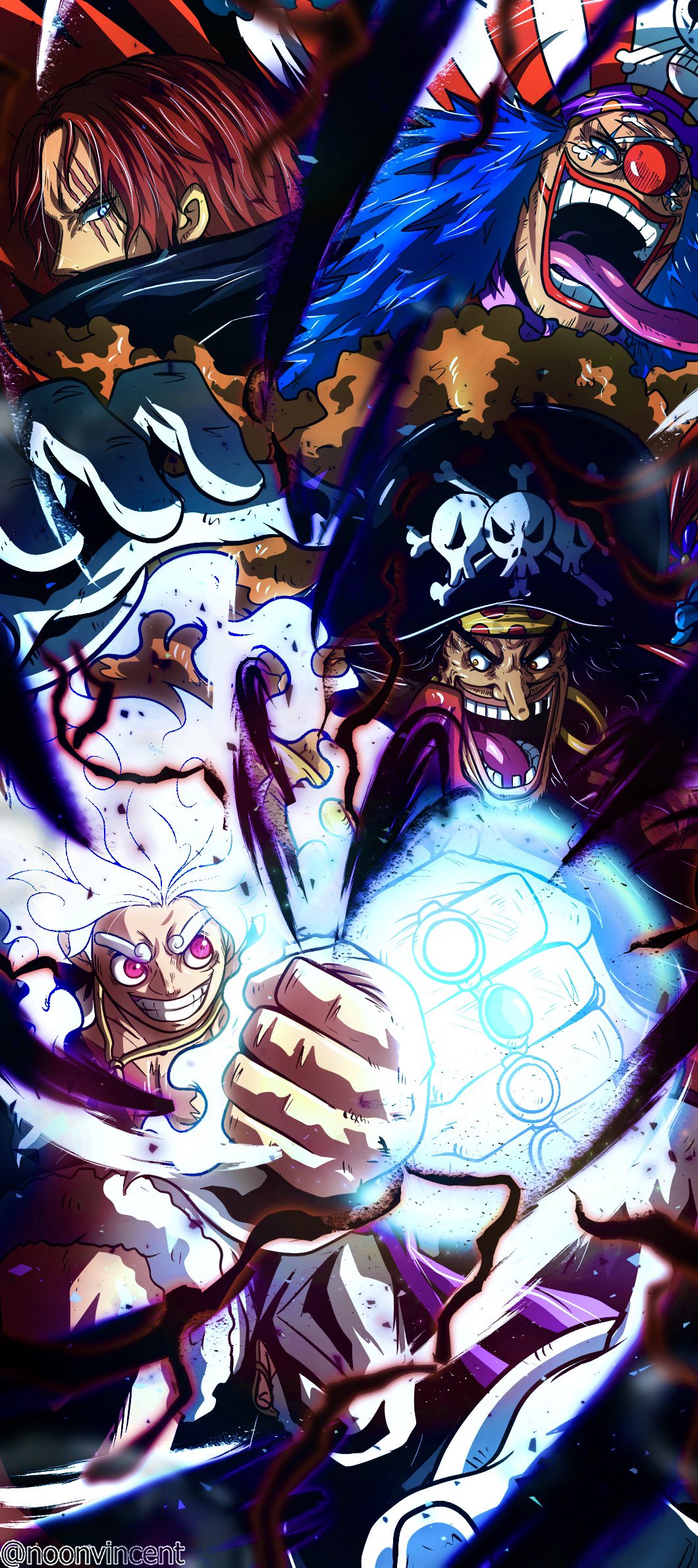 Anime 1060x2381 One Piece vincentnoon Monkey D. Luffy Gear 5th Marshall D. Teach Shanks Buggy (One Piece) fist open mouth lightning smiling portrait display teeth men with hats rings anime boys hat