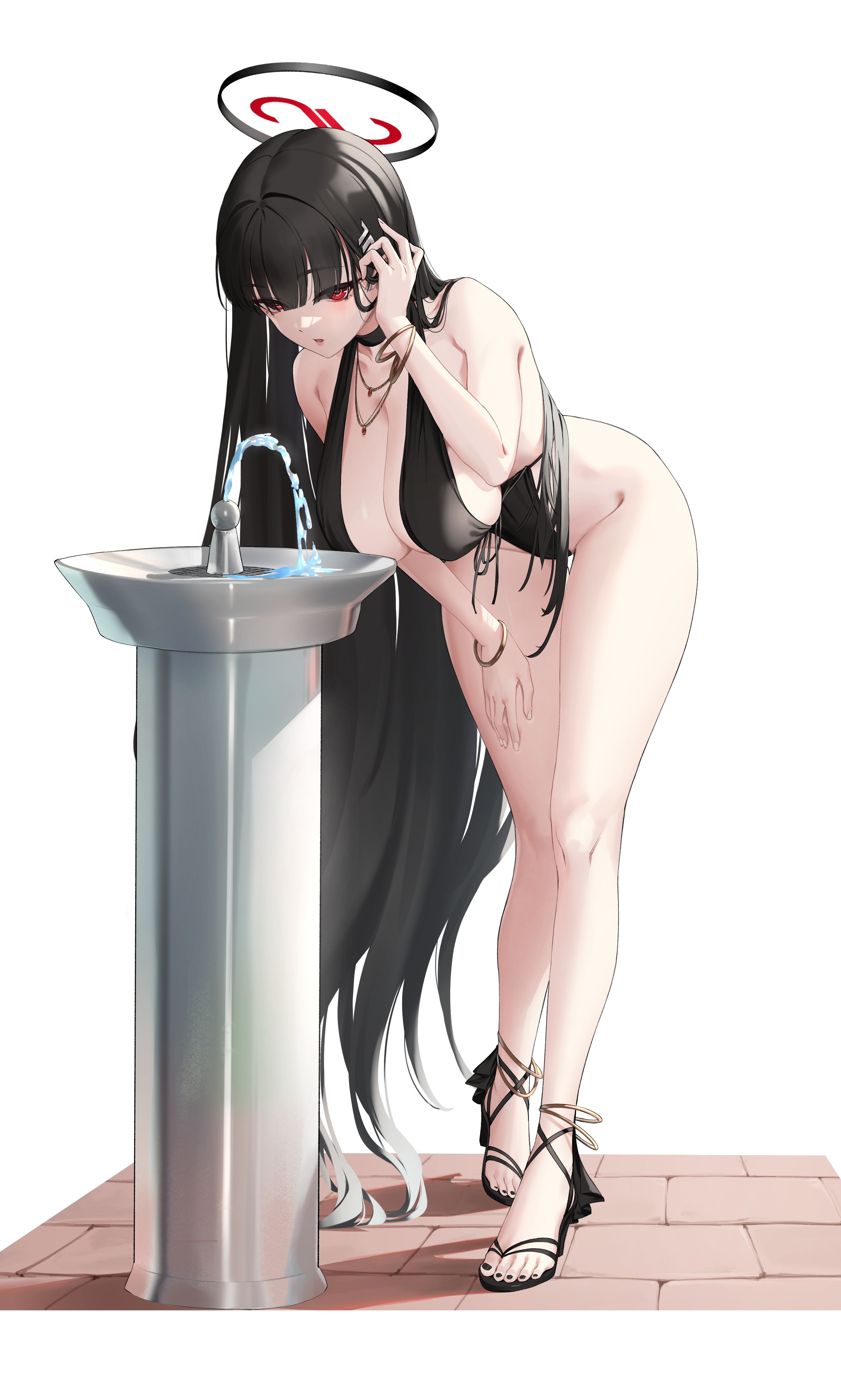 Anime 3112x5180 Blue Archive bent over portrait display black hair Tsukatsuki Rio long hair hair clip white background thighs simple background black swimsuit necklace huge breasts fountain drinking fountains Pjman hair ornament swimwear hand on thigh red eyes toes choker legs