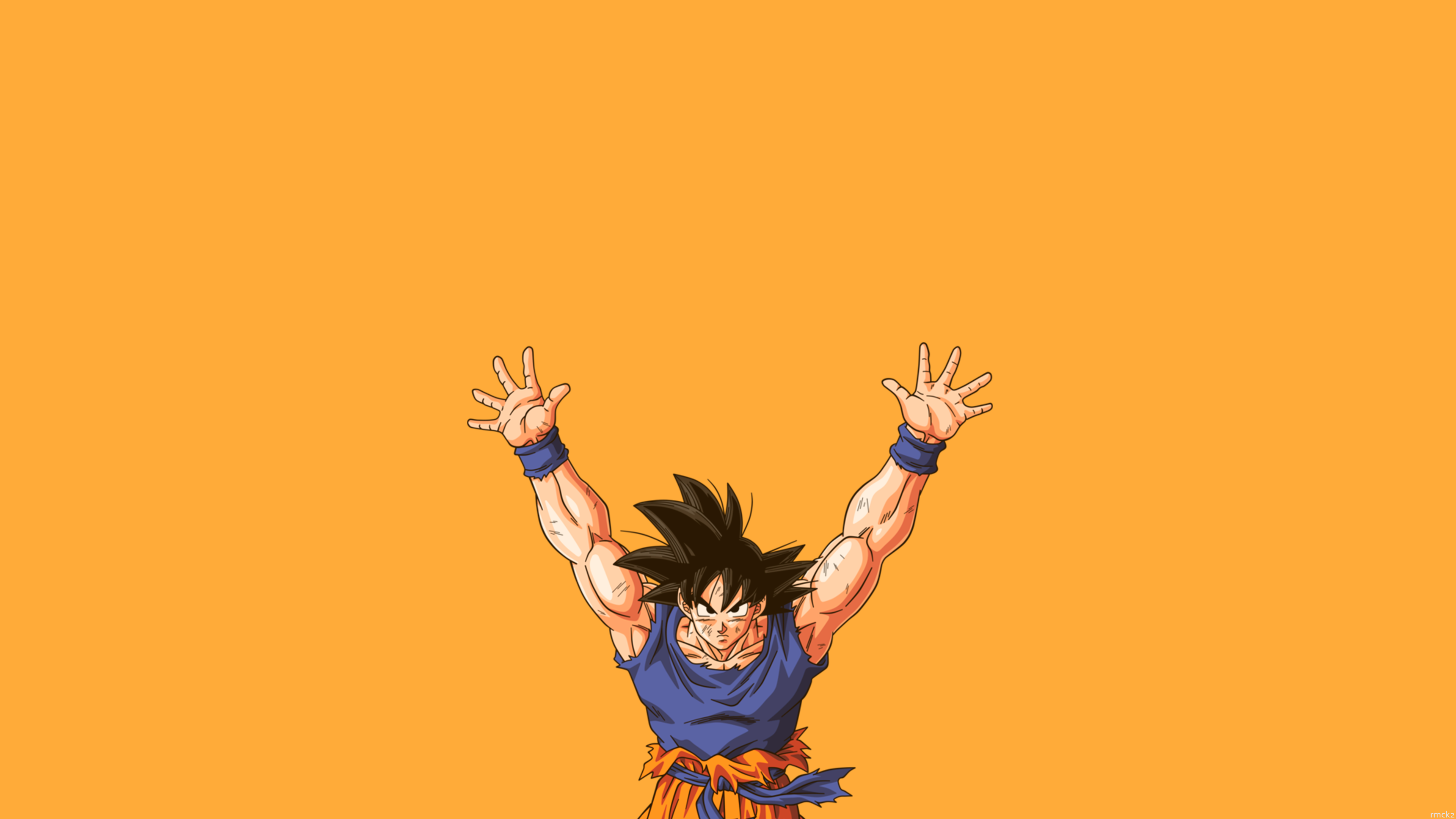 Anime 3840x2160 Dragon Ball Dragon Ball Z minimalism Son Goku orange background hands simple background anime anime men muscles looking at viewer arms up torn clothes closed mouth