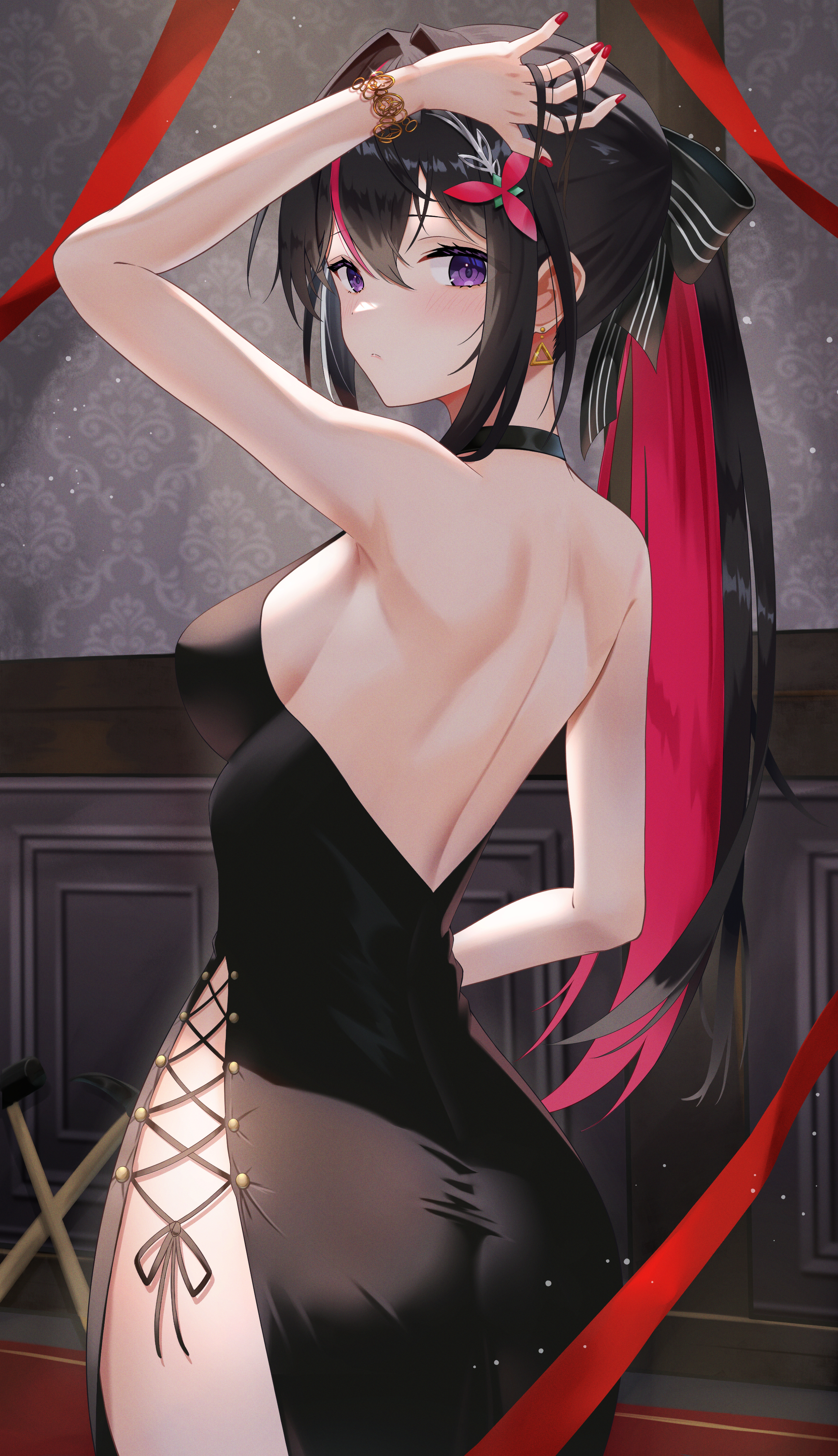 Anime 2267x3940 Pixiv Hololive AZKi anime anime girls ass dress no bra sideboob Virtual Youtuber looking over shoulder back backless dress long hair two tone hair standing red nails painted nails one arm up big boobs hair between eyes blushing purple eyes hand(s) in hair earring bare shoulders closed mouth hair ribbon hair ornament bracelets choker looking at viewer arched back slim body ribbon black dress hips